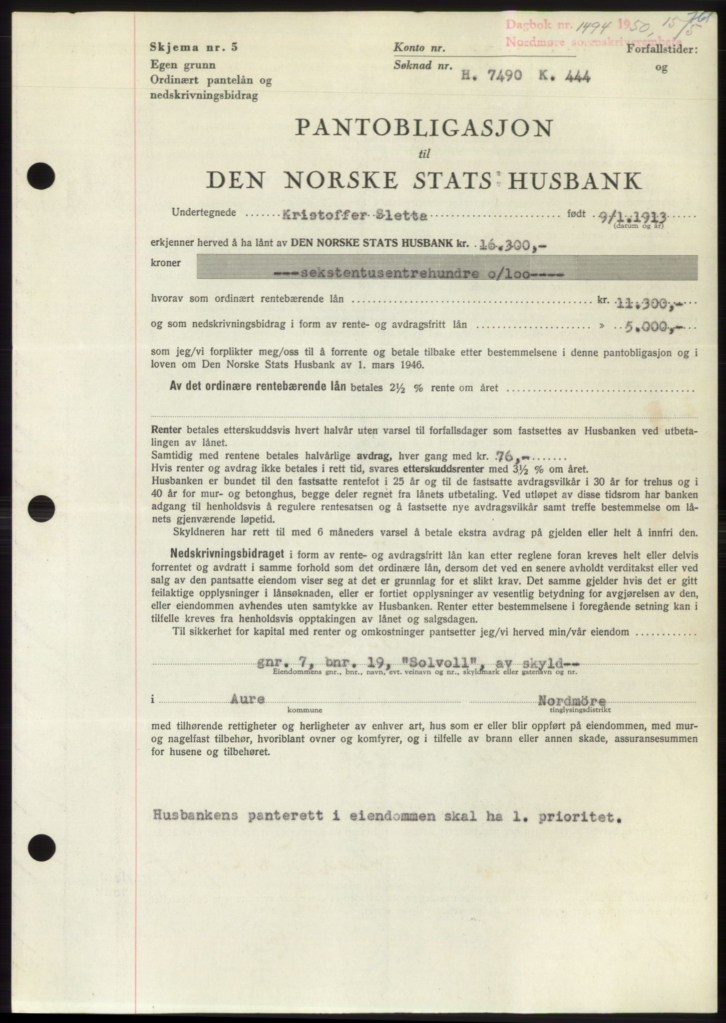 Nordmøre sorenskriveri, SAT/A-4132/1/2/2Ca: Pantebok nr. B104, 1950-1950, Dagboknr: 1494/1950