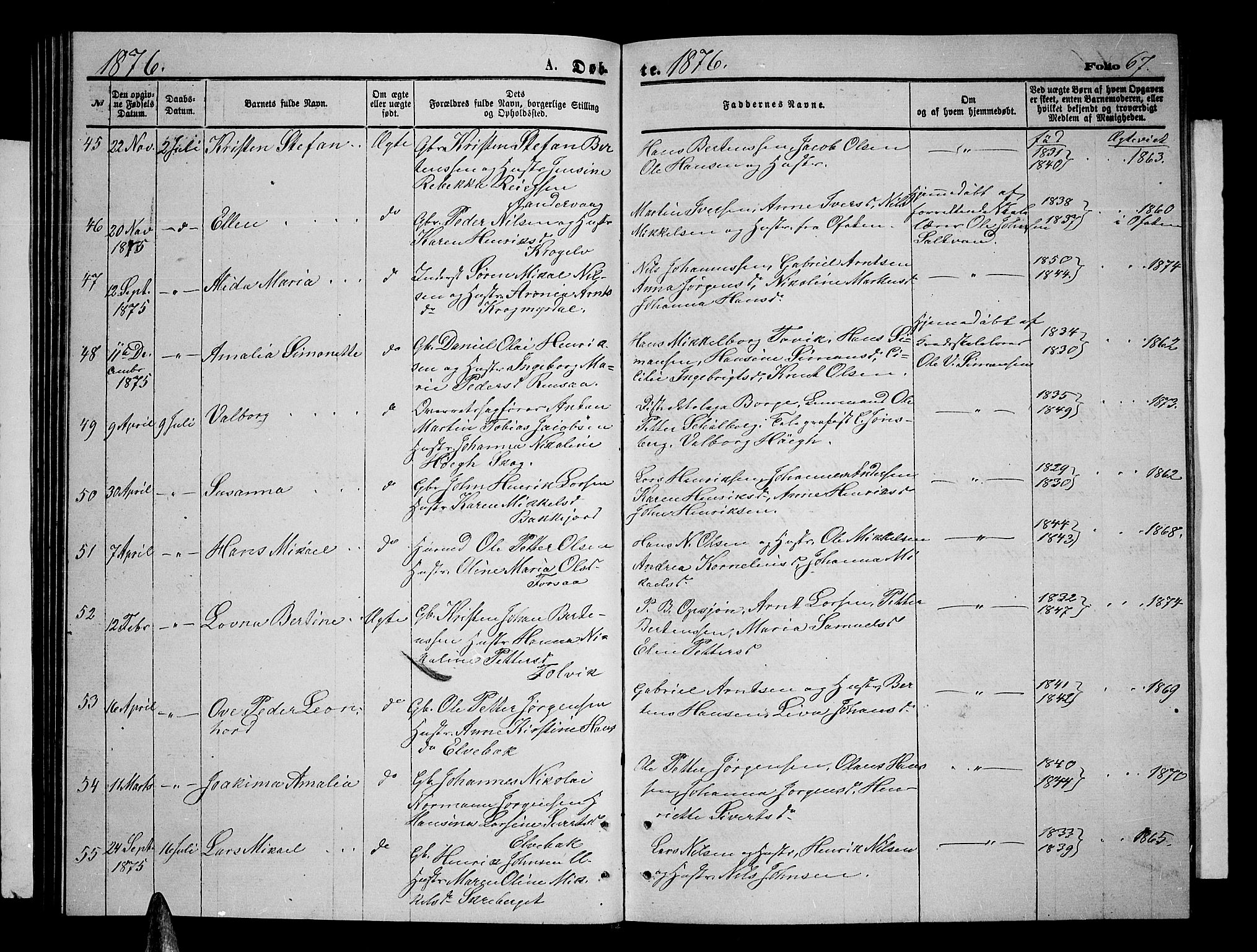 Ibestad sokneprestembete, AV/SATØ-S-0077/H/Ha/Hab/L0006klokker: Klokkerbok nr. 6, 1871-1879, s. 67