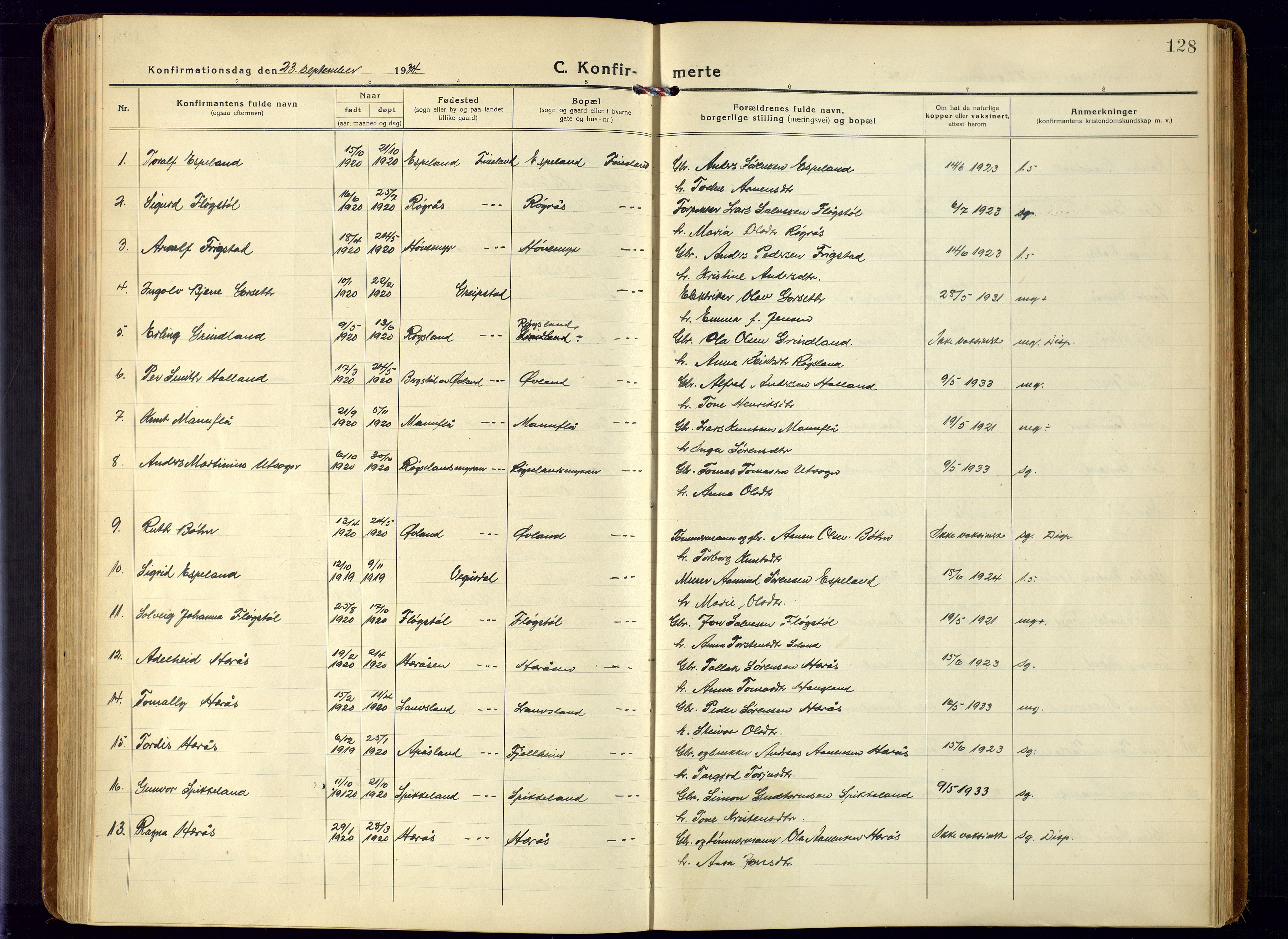 Bjelland sokneprestkontor, SAK/1111-0005/F/Fa/Fab/L0005: Ministerialbok nr. A 5, 1921-1951, s. 128