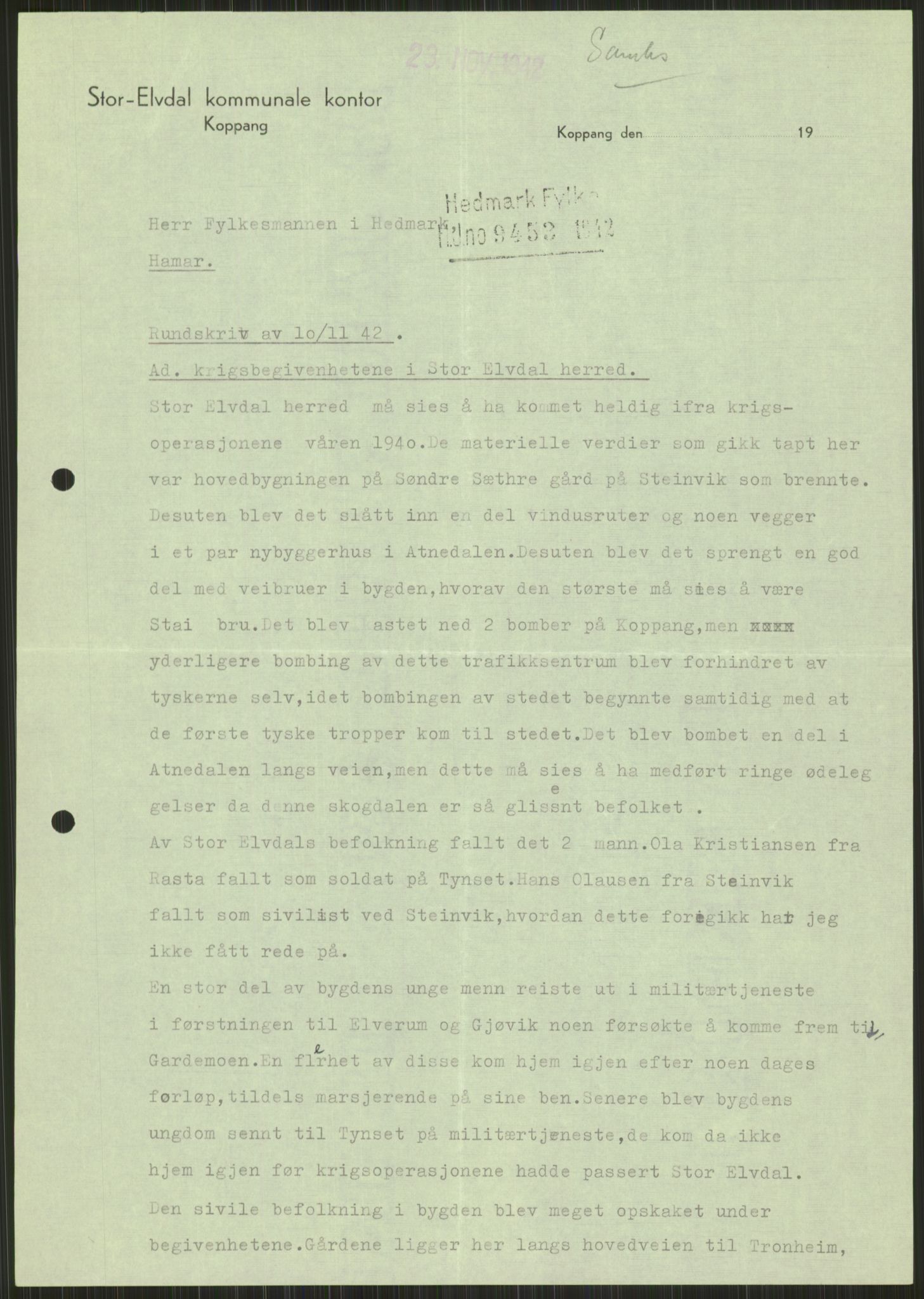 Forsvaret, Forsvarets krigshistoriske avdeling, AV/RA-RAFA-2017/Y/Ya/L0013: II-C-11-31 - Fylkesmenn.  Rapporter om krigsbegivenhetene 1940., 1940, s. 976