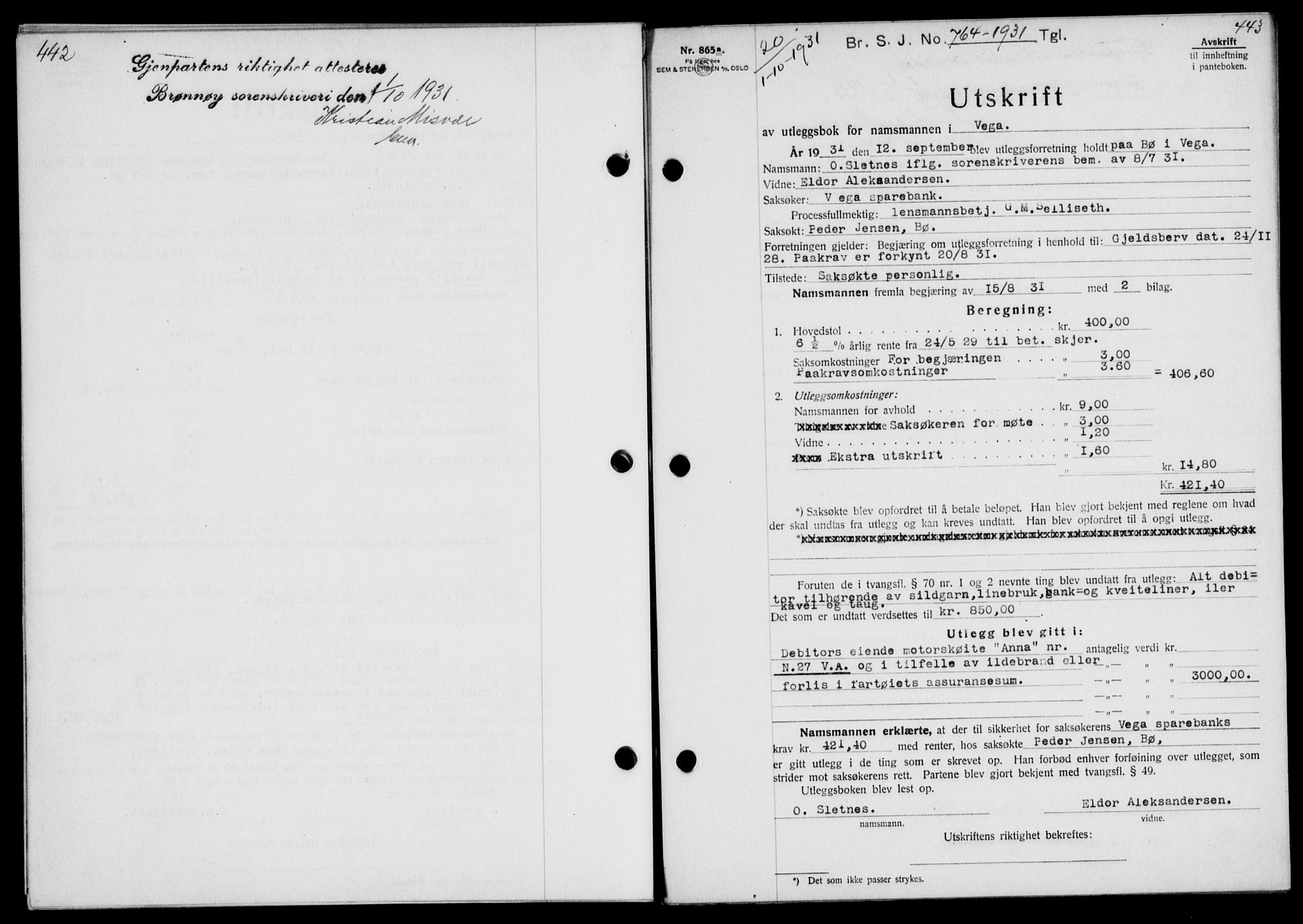 Brønnøy sorenskriveri, SAT/A-4170/1/2/2C/L0009: Pantebok nr. 9, 1931-1932, s. 442-443, Tingl.dato: 01.10.1931