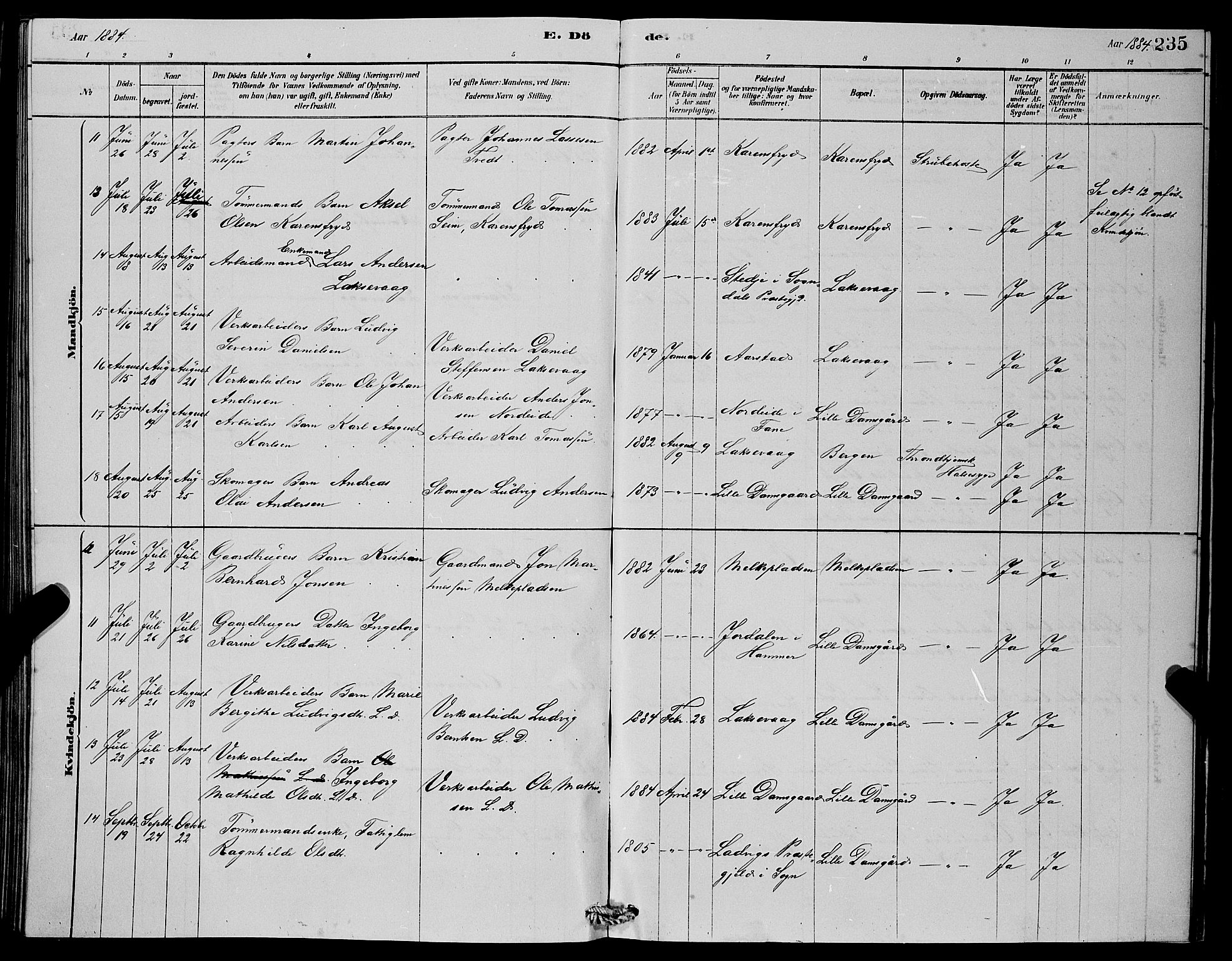 Laksevåg Sokneprestembete, AV/SAB-A-76501/H/Ha/Hab/Haba/L0002: Klokkerbok nr. A 2, 1877-1887, s. 235