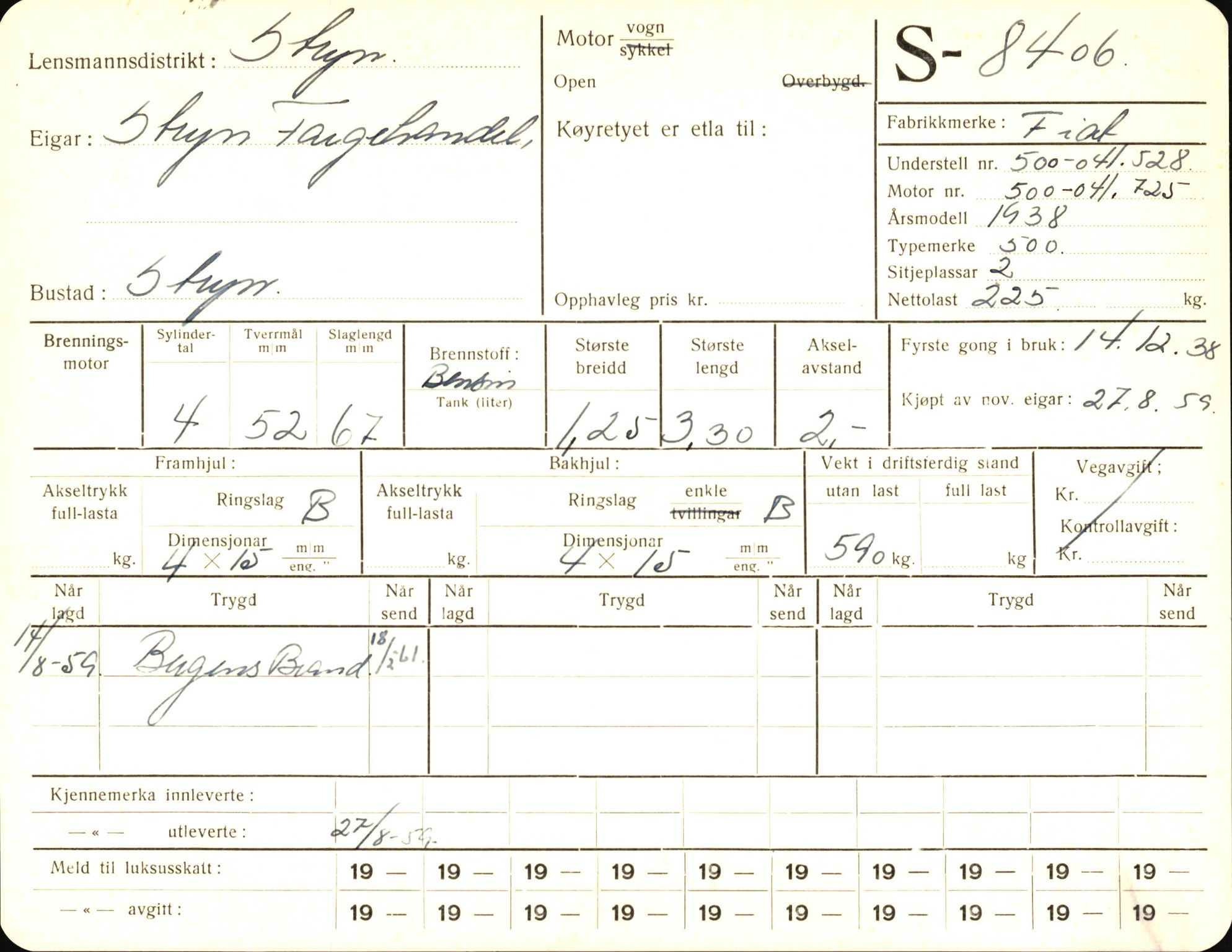 Statens vegvesen, Sogn og Fjordane vegkontor, AV/SAB-A-5301/4/F/L0006: Registerkort utmeldte Fjordane S8300-9500, 1930-1961, s. 173