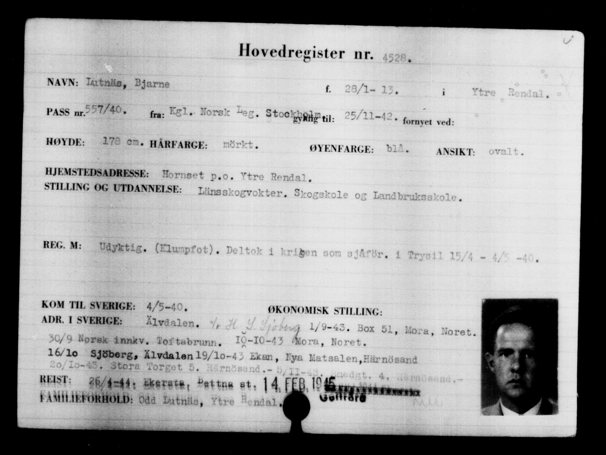 Utenriksstasjonene, Legasjonen i Stockholm, Flyktningkontoret, AV/RA-S-6753/V/Va/L0004: Kjesäterkartoteket, flyktninger med registreringsnr. 3496-6610, 1940-1945, s. 1235