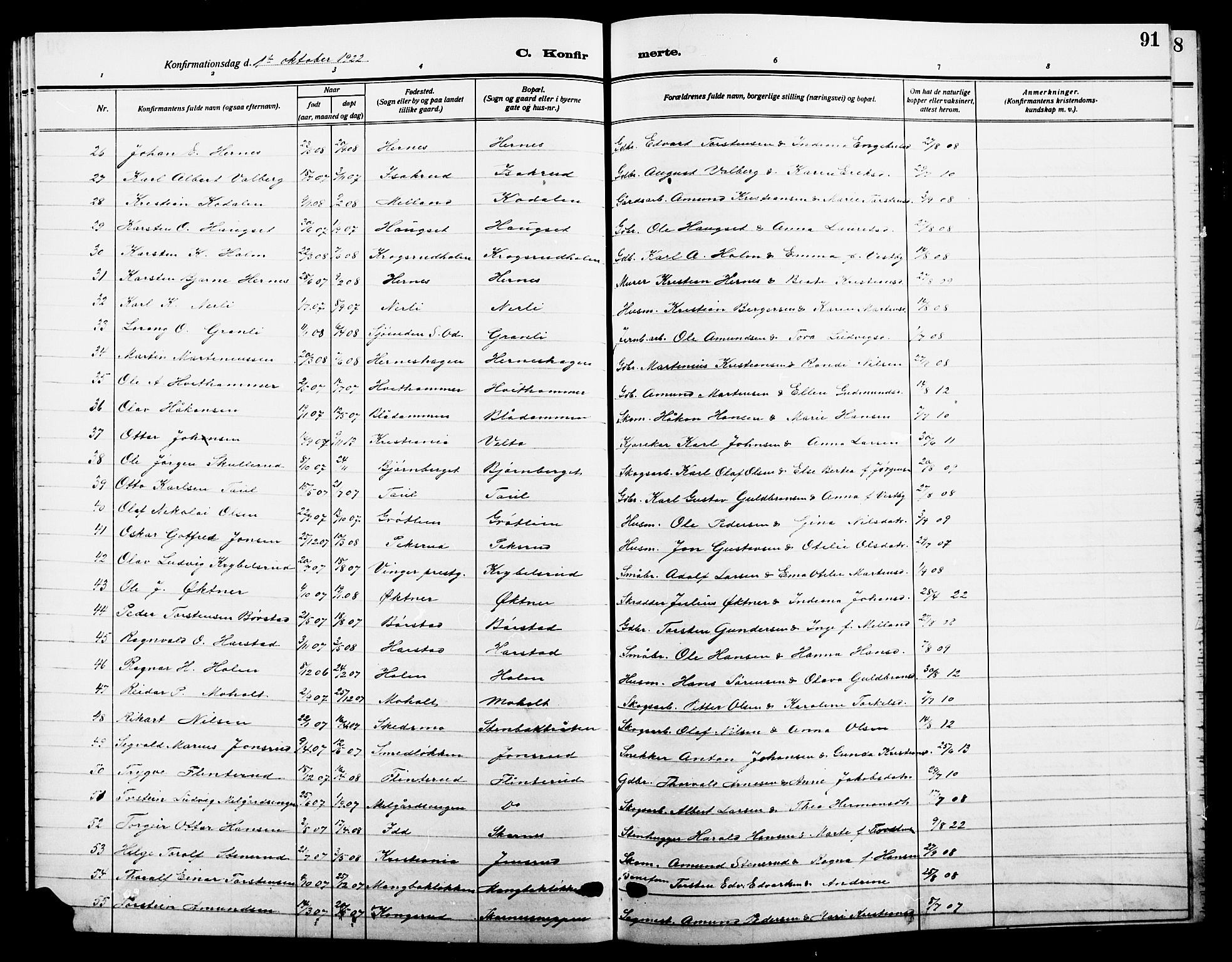Sør-Odal prestekontor, AV/SAH-PREST-030/H/Ha/Hab/L0008: Klokkerbok nr. 8, 1913-1923, s. 91