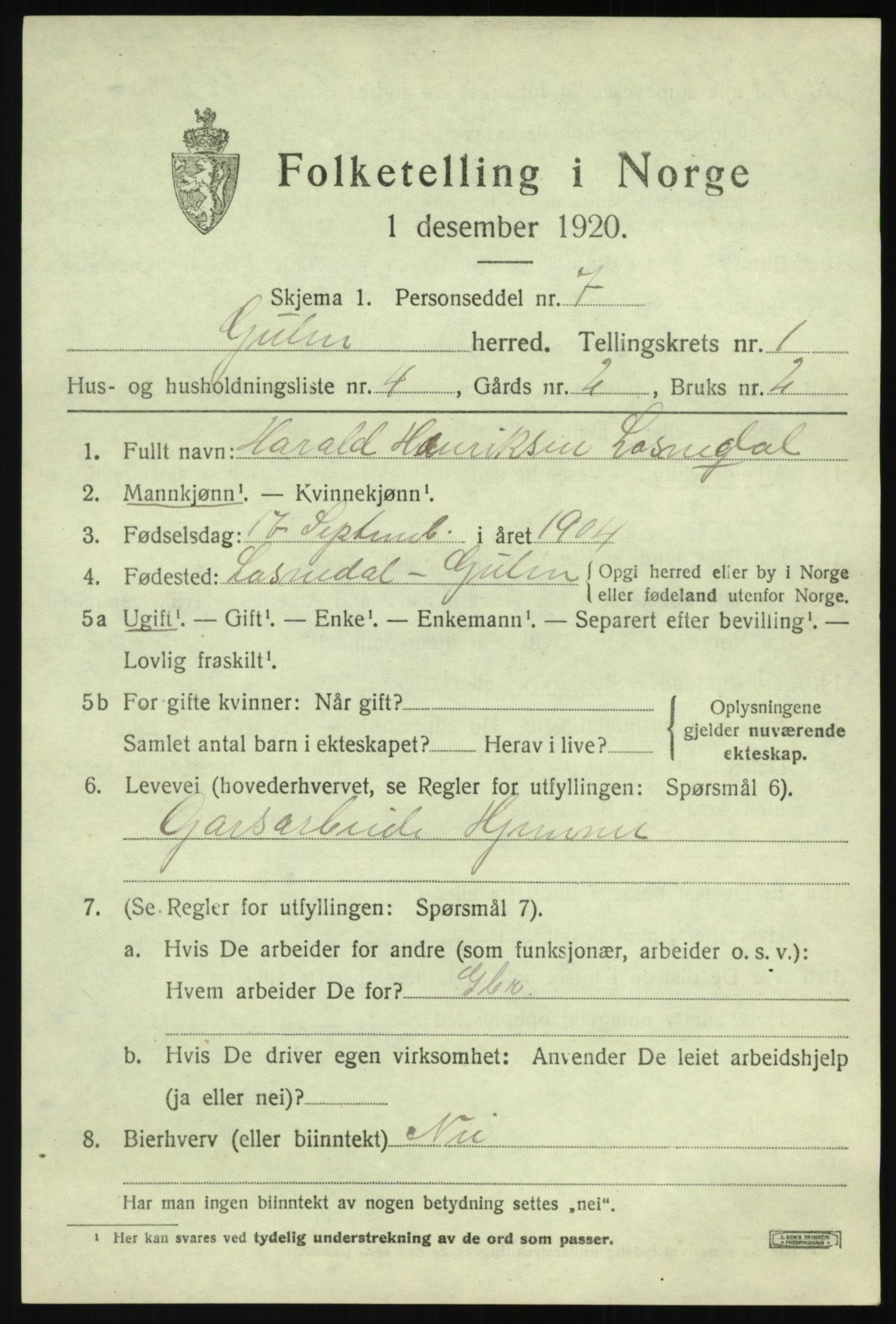 SAB, Folketelling 1920 for 1411 Gulen herred, 1920, s. 1141