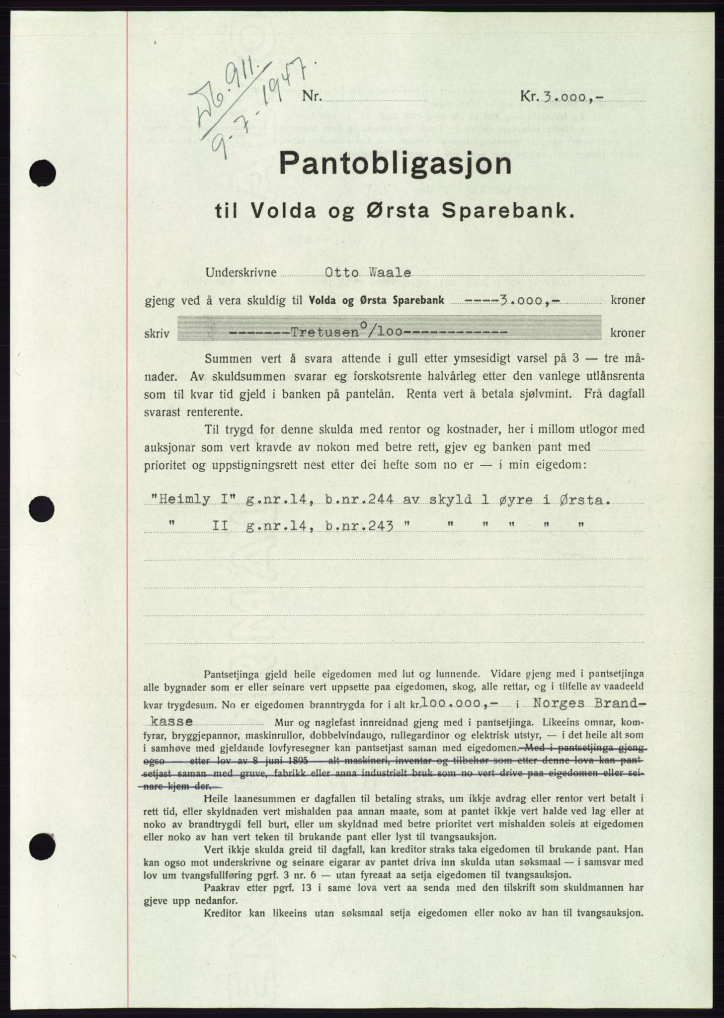 Søre Sunnmøre sorenskriveri, AV/SAT-A-4122/1/2/2C/L0115: Pantebok nr. 3B, 1947-1948, Dagboknr: 911/1947