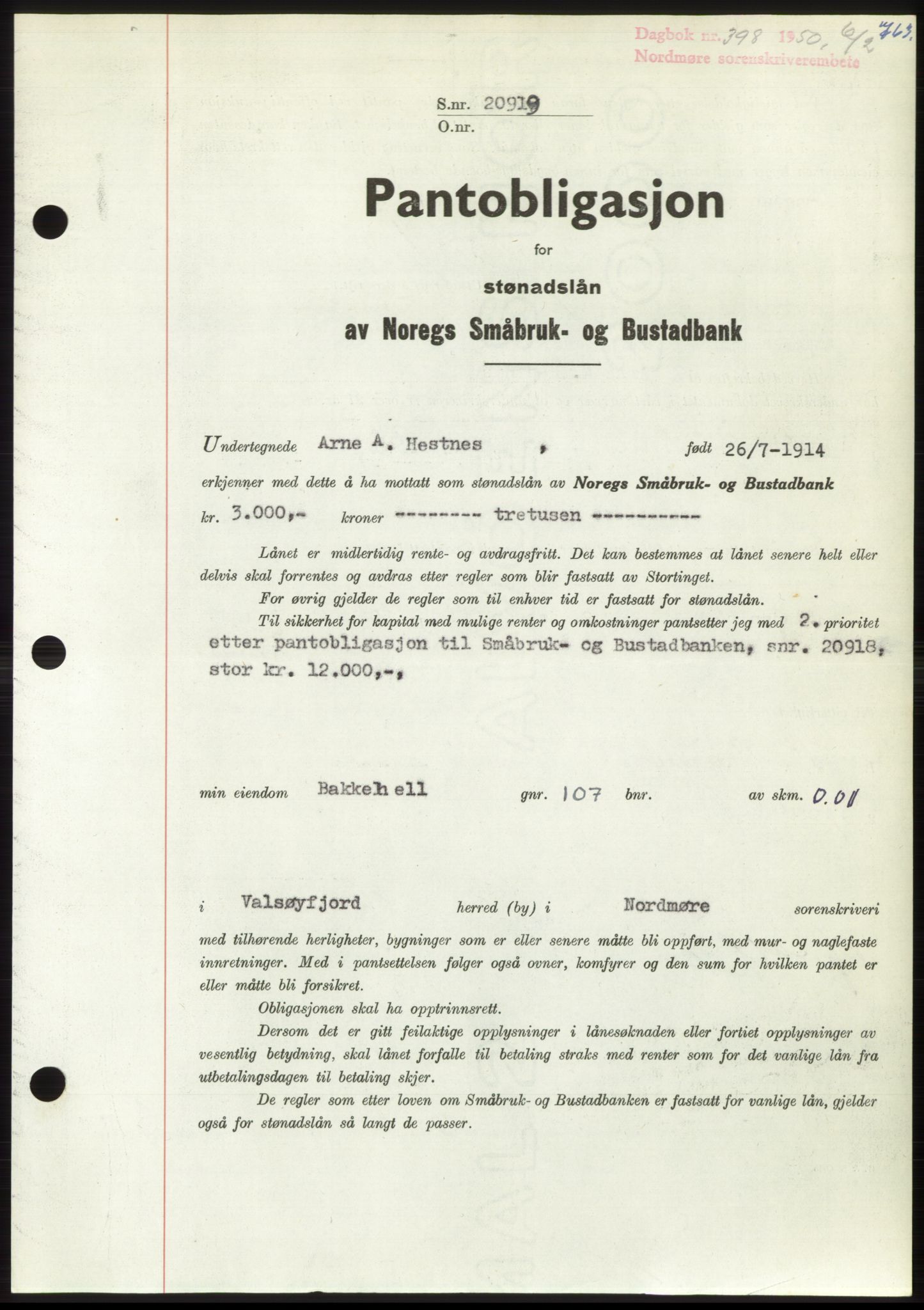 Nordmøre sorenskriveri, SAT/A-4132/1/2/2Ca: Pantebok nr. B103, 1949-1950, Dagboknr: 398/1950