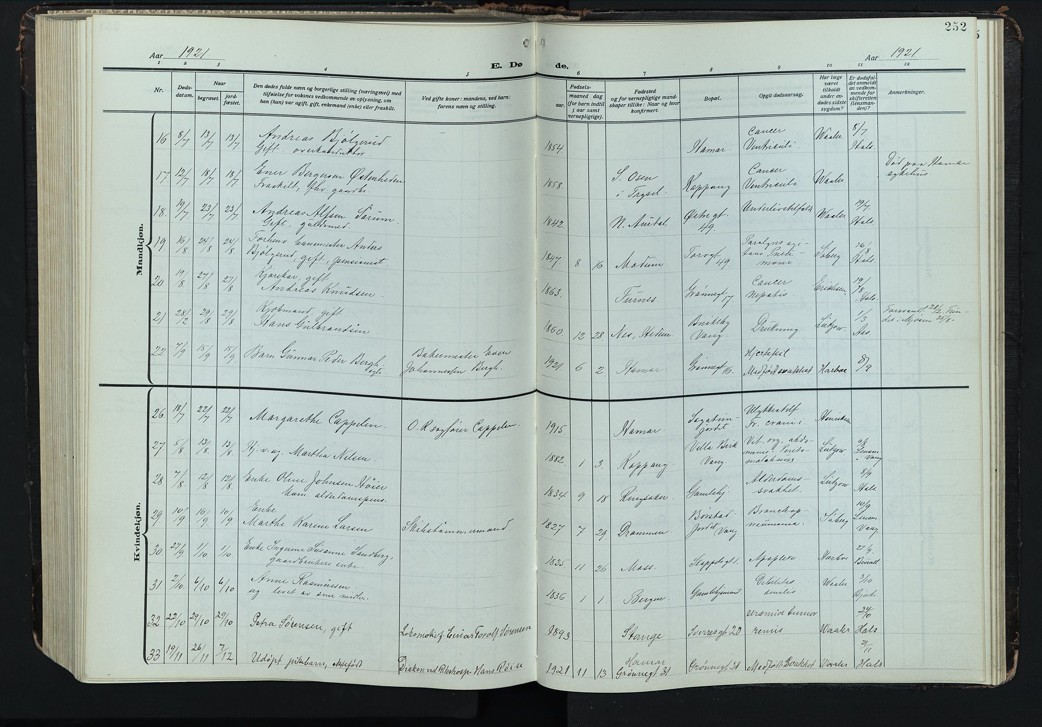 Hamar prestekontor, AV/SAH-DOMPH-002/H/Ha/Hab/L0004: Klokkerbok nr. 4, 1915-1942, s. 252