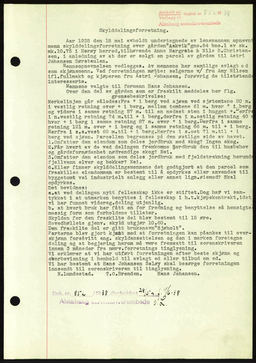 Alstahaug sorenskriveri, SAT/A-1009: Pantebok nr. A3, 1937-1938, Dagboknr: 852/1938