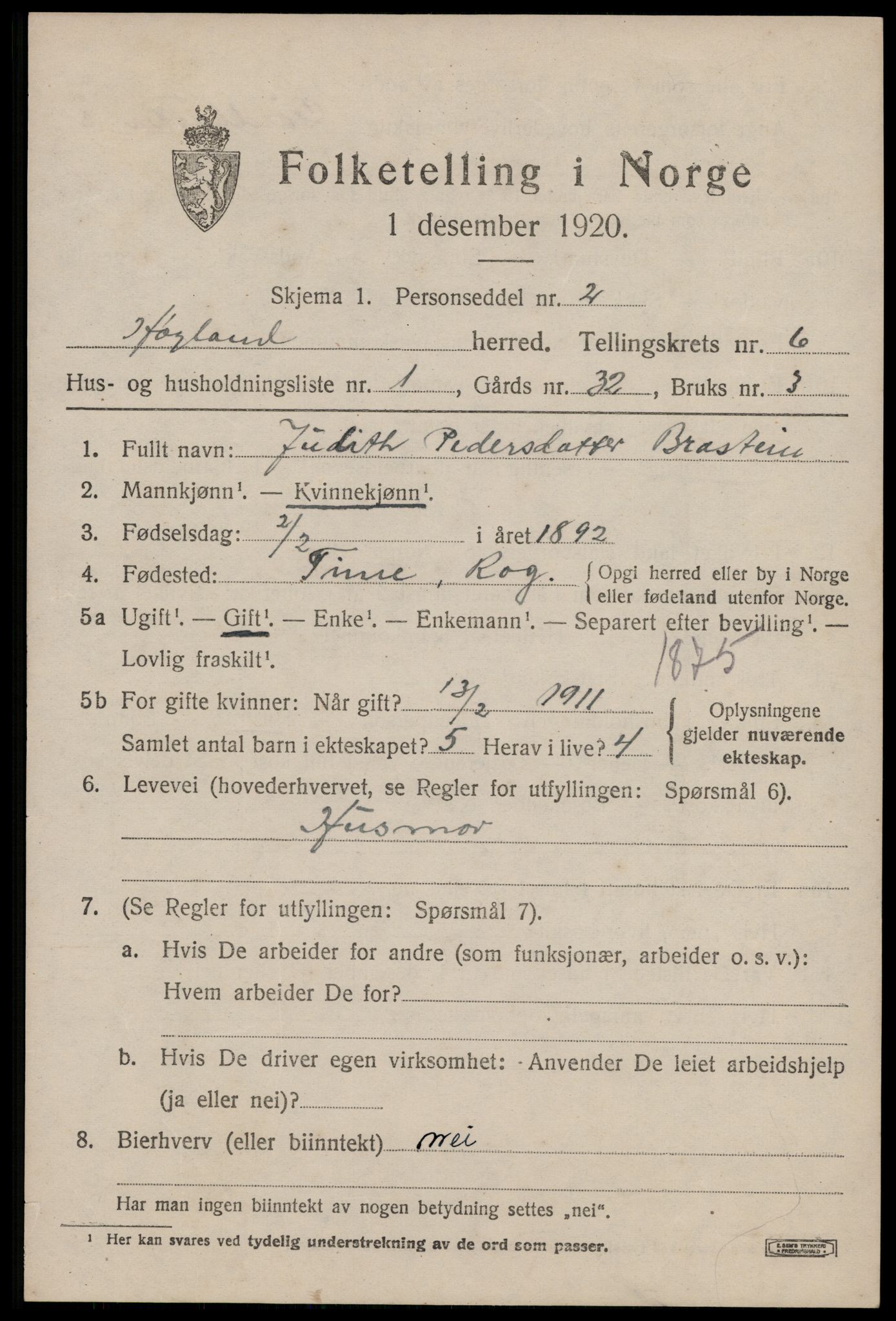 SAST, Folketelling 1920 for 1123 Høyland herred, 1920, s. 4266