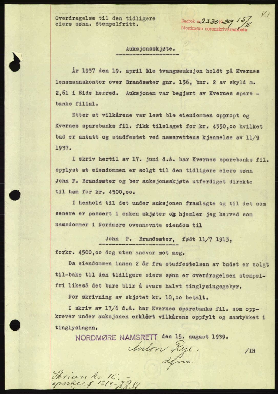 Nordmøre sorenskriveri, SAT/A-4132/1/2/2Ca: Pantebok nr. A87, 1939-1940, Dagboknr: 2330/1939
