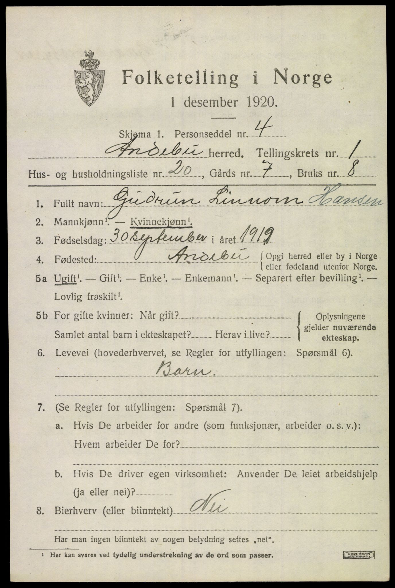 SAKO, Folketelling 1920 for 0719 Andebu herred, 1920, s. 1406
