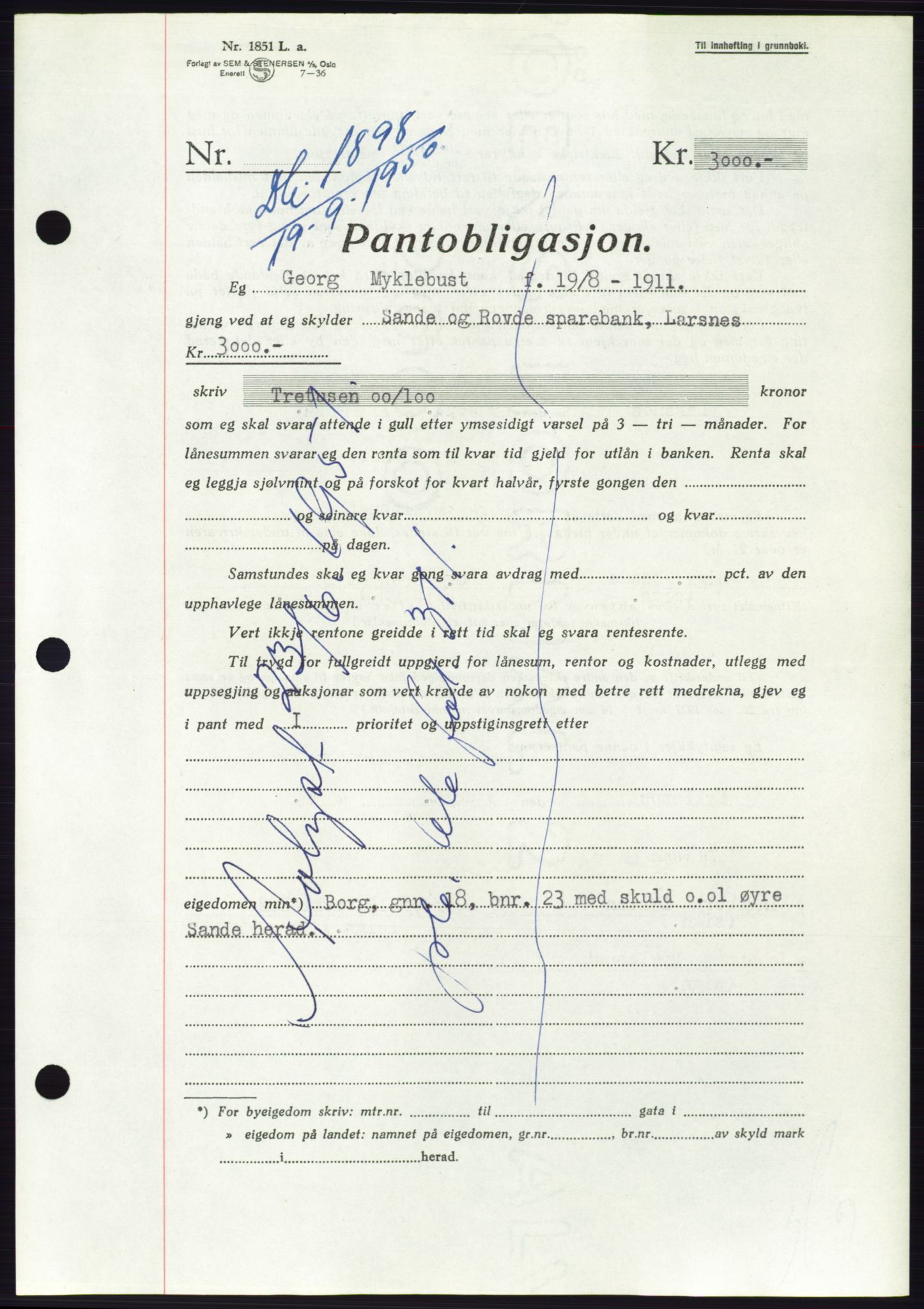 Søre Sunnmøre sorenskriveri, SAT/A-4122/1/2/2C/L0119: Pantebok nr. 7B, 1950-1951, Dagboknr: 1898/1950