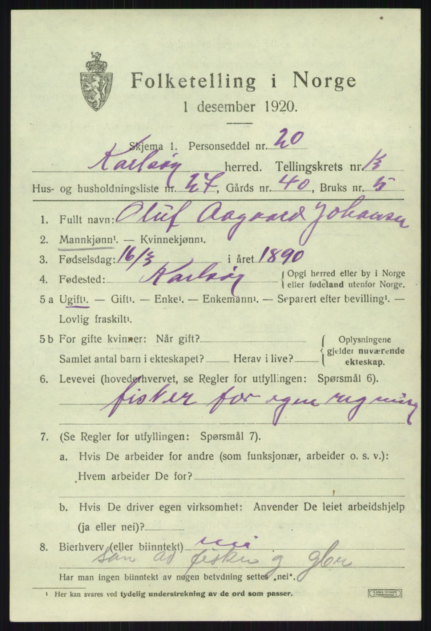 SATØ, Folketelling 1920 for 1936 Karlsøy herred, 1920, s. 5040