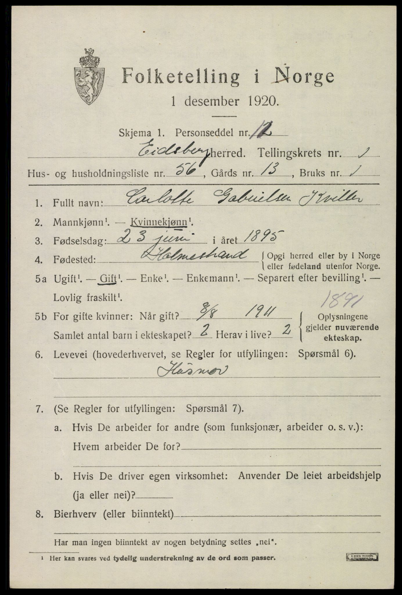 SAO, Folketelling 1920 for 0125 Eidsberg herred, 1920, s. 2599