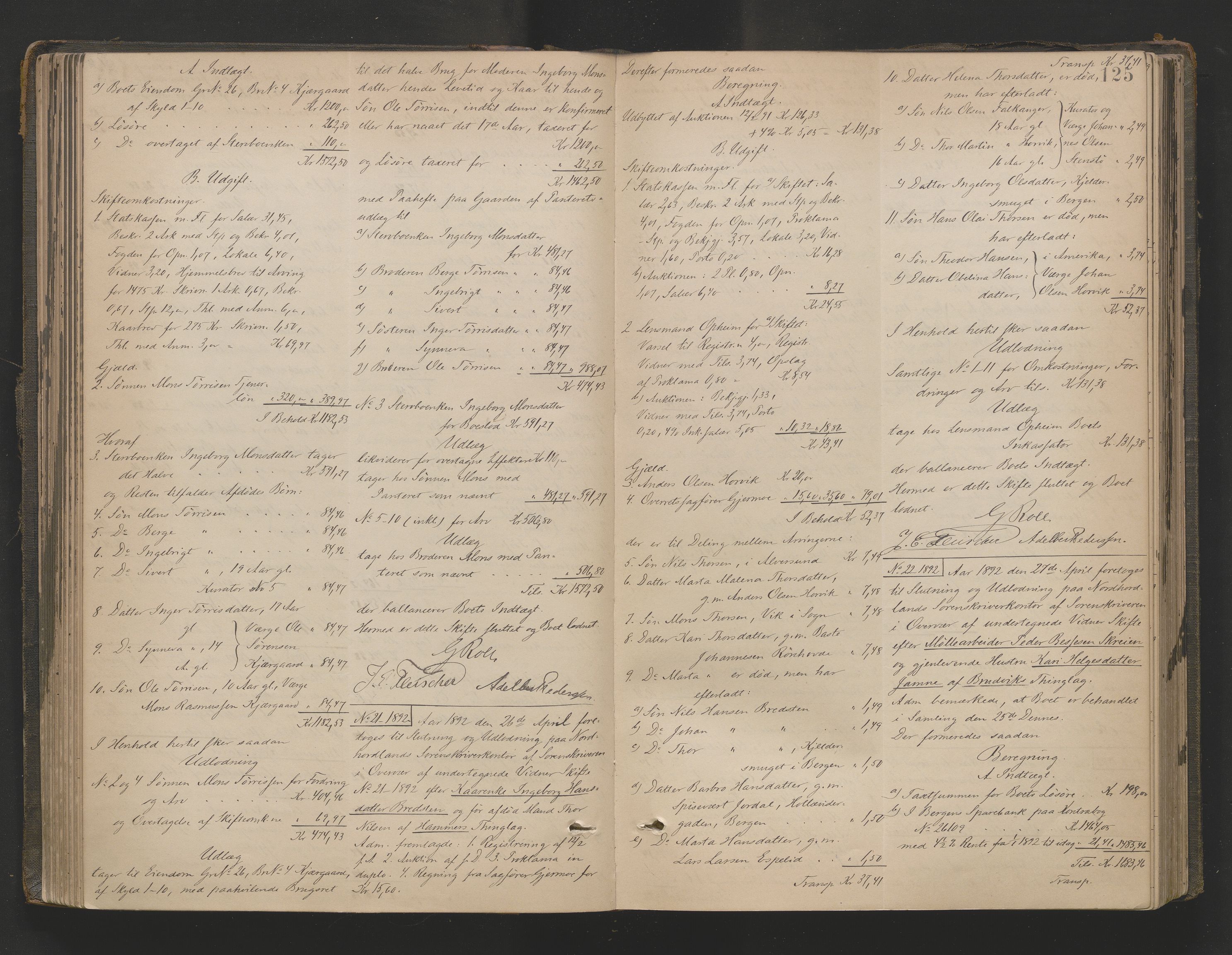 Nordhordland sorenskrivar, AV/SAB-A-2901/1/H/Hd/Hda/L0011: Skifteutlodningsprotokollar, 1889-1897, s. 125