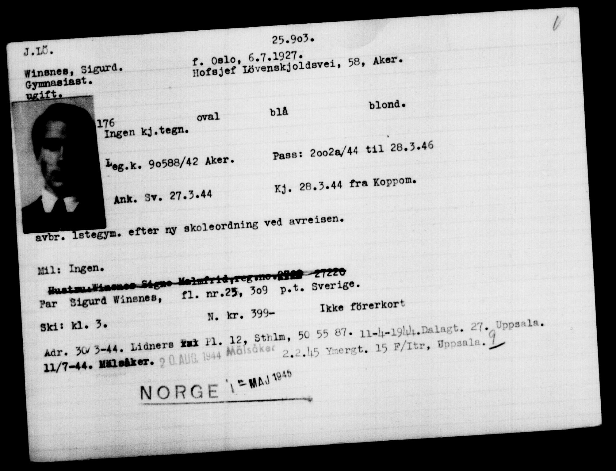 Utenriksstasjonene, Legasjonen i Stockholm, Flyktningkontoret, AV/RA-S-6753/V/Va/L0011: Kjesäterkartoteket, flyktninger med registreringsnr. 25300-28349, 1940-1945, s. 628