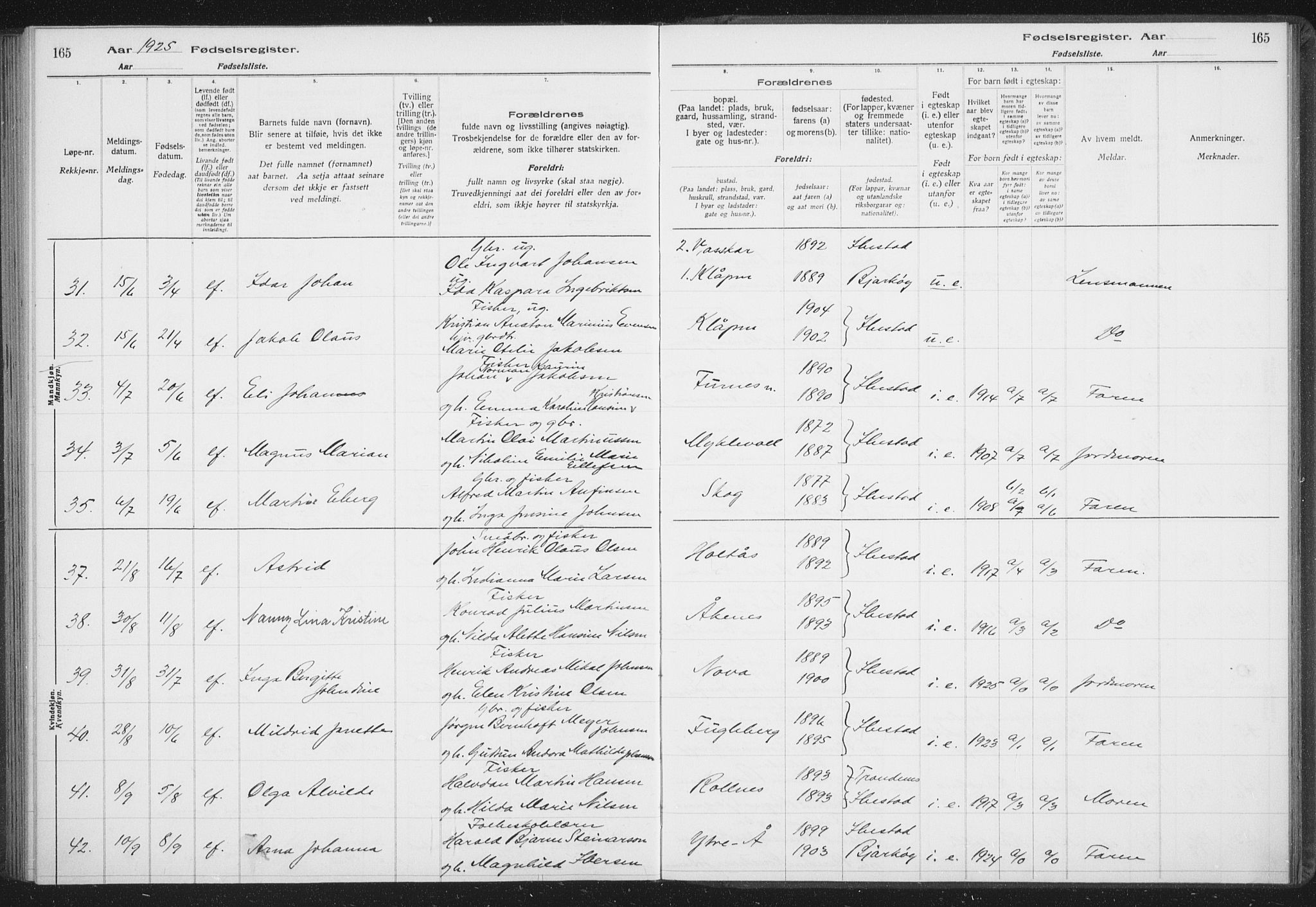 Ibestad sokneprestembete, AV/SATØ-S-0077/I/Ic/L0061: Fødselsregister nr. 61, 1917-1929, s. 165