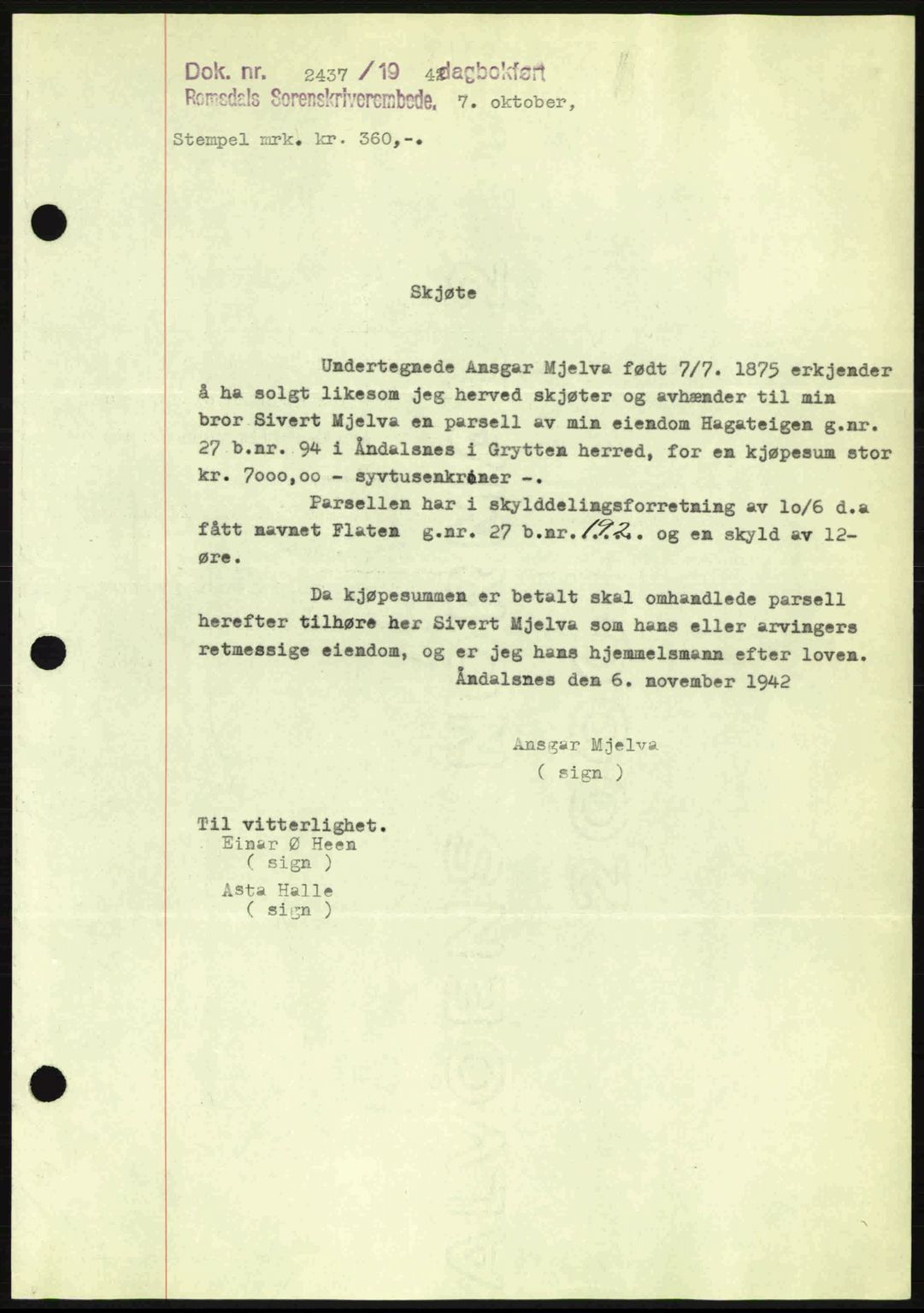 Romsdal sorenskriveri, SAT/A-4149/1/2/2C: Pantebok nr. A13, 1942-1943, Dagboknr: 2437/1942