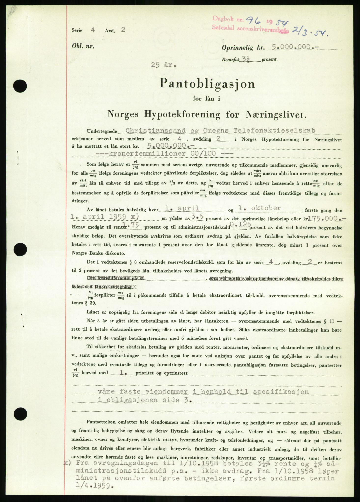Setesdal sorenskriveri, SAK/1221-0011/G/Gb/L0052: Pantebok nr. B 40, 1954-1955, Dagboknr: 96/1954