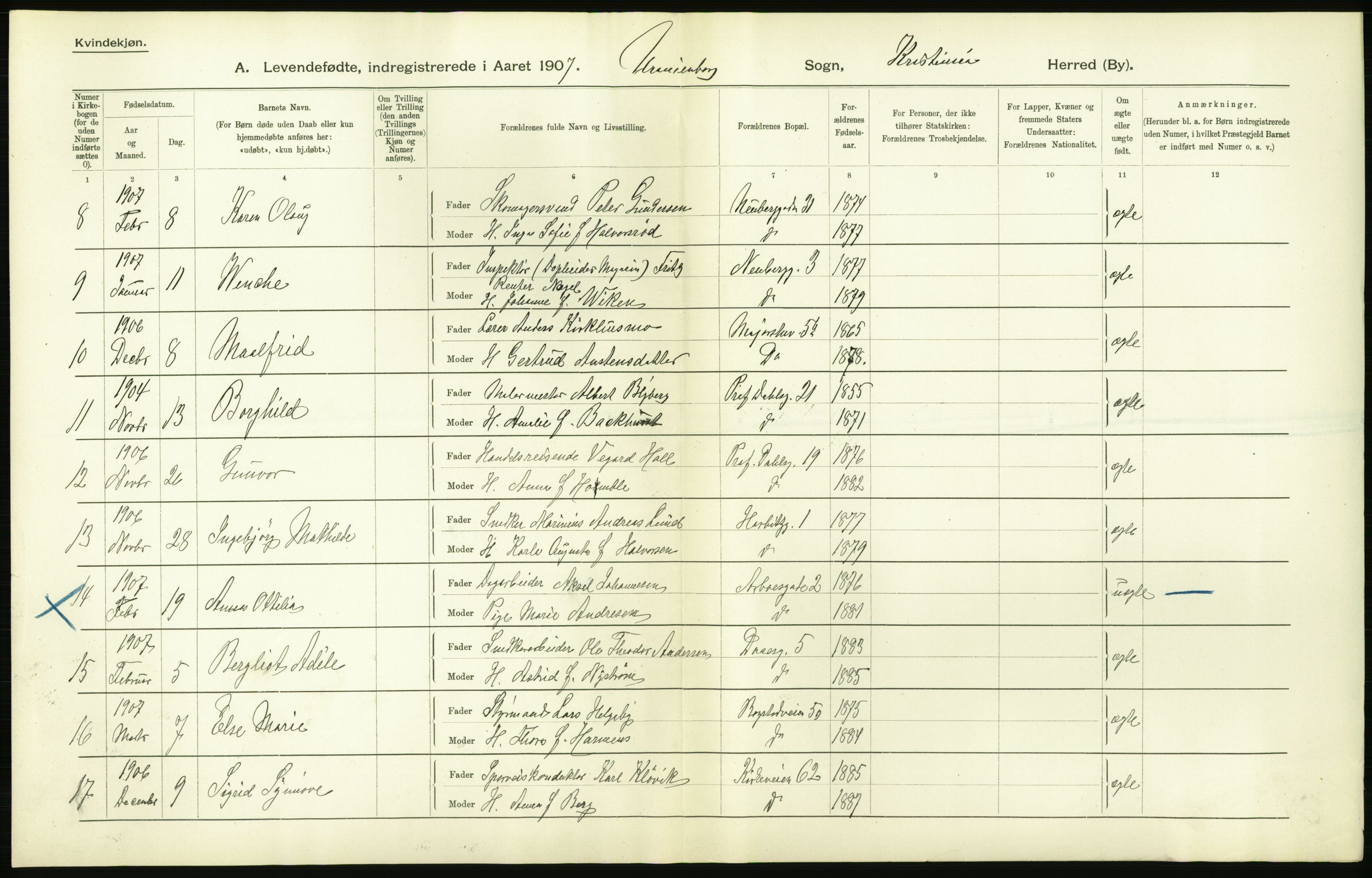 Statistisk sentralbyrå, Sosiodemografiske emner, Befolkning, AV/RA-S-2228/D/Df/Dfa/Dfae/L0006: Kristiania: Levendefødte menn og kvinner., 1907, s. 320