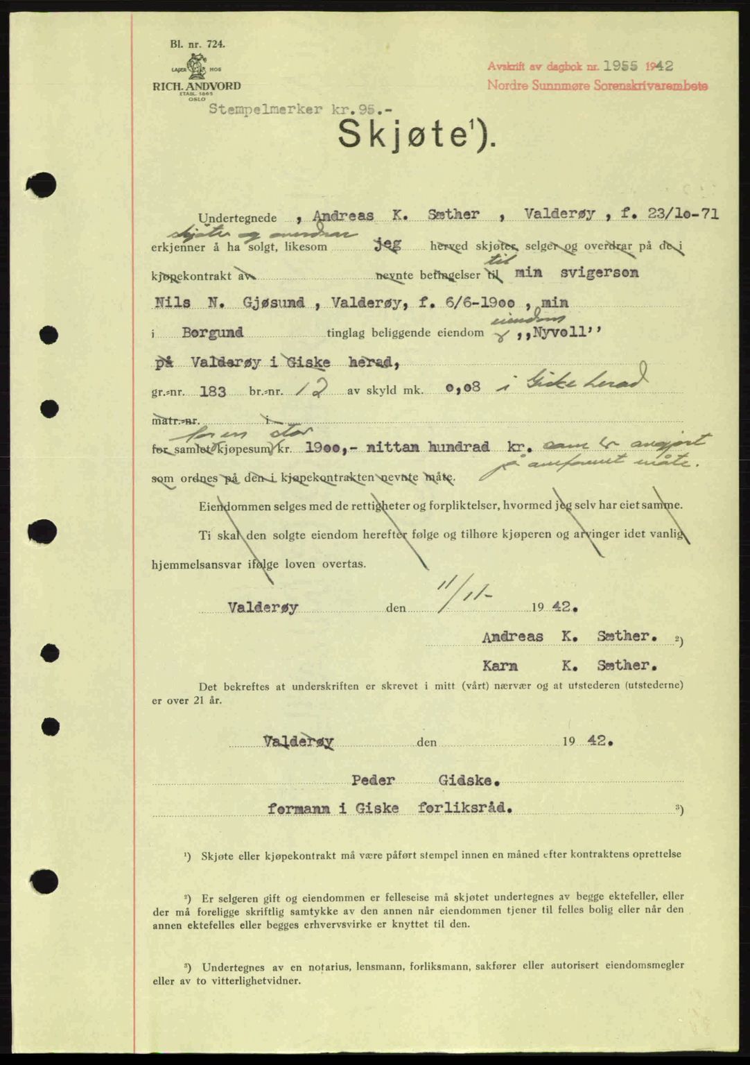 Nordre Sunnmøre sorenskriveri, AV/SAT-A-0006/1/2/2C/2Ca: Pantebok nr. A15, 1942-1943, Dagboknr: 1955/1942