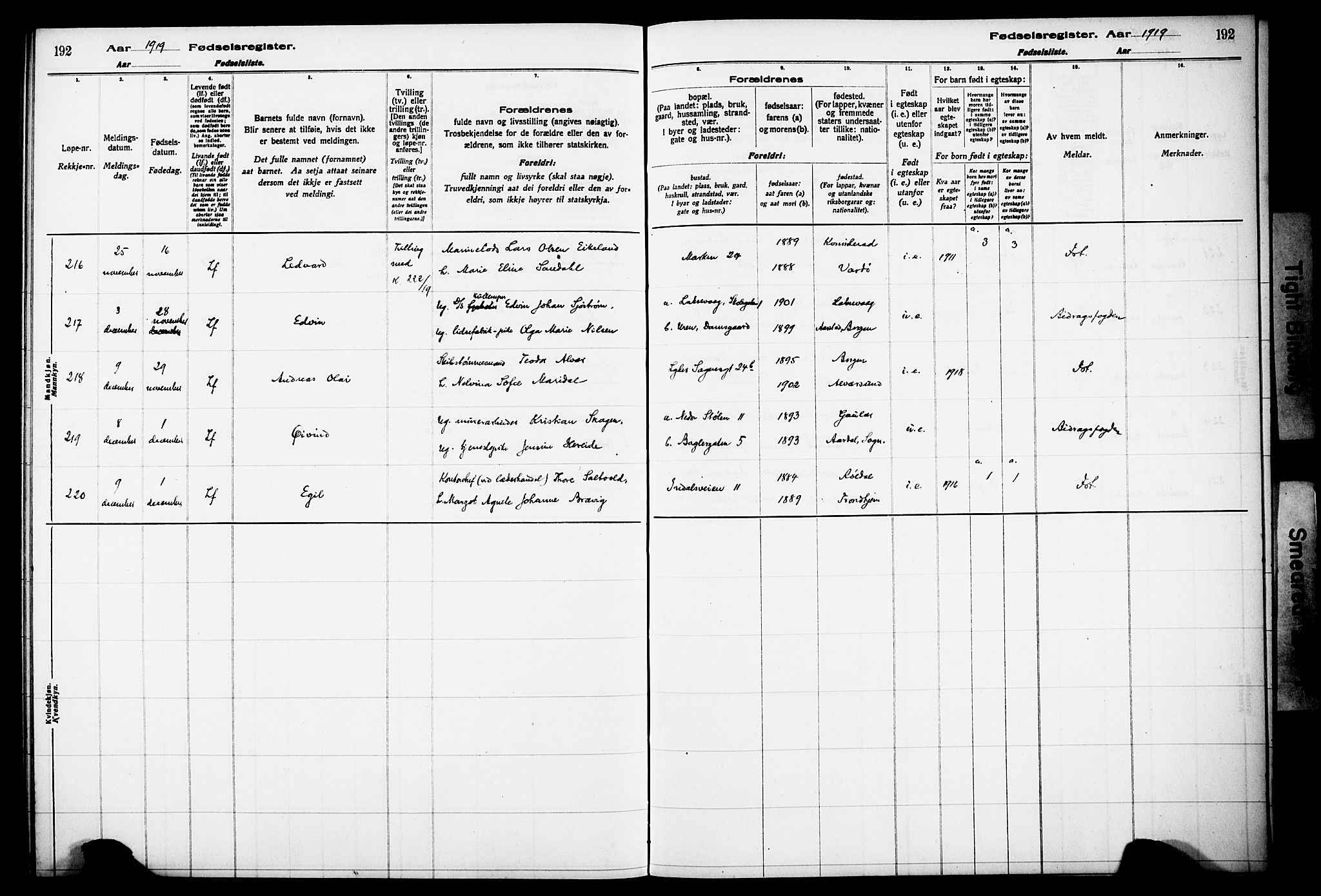 Kvinneklinikken, AV/SAB-A-76301/F/L0A01: Fødselsregister nr. A 1, 1916-1920, s. 192