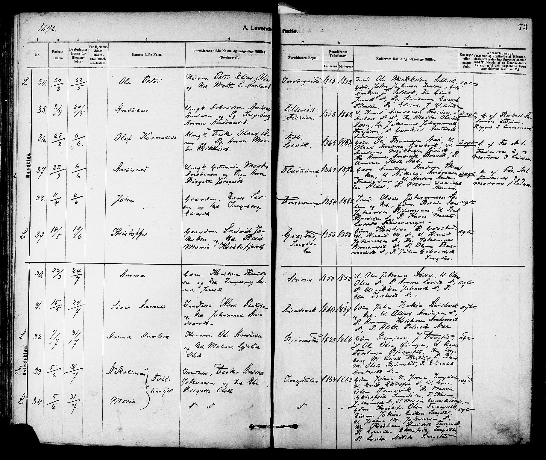 Ministerialprotokoller, klokkerbøker og fødselsregistre - Sør-Trøndelag, SAT/A-1456/647/L0634: Ministerialbok nr. 647A01, 1885-1896, s. 73