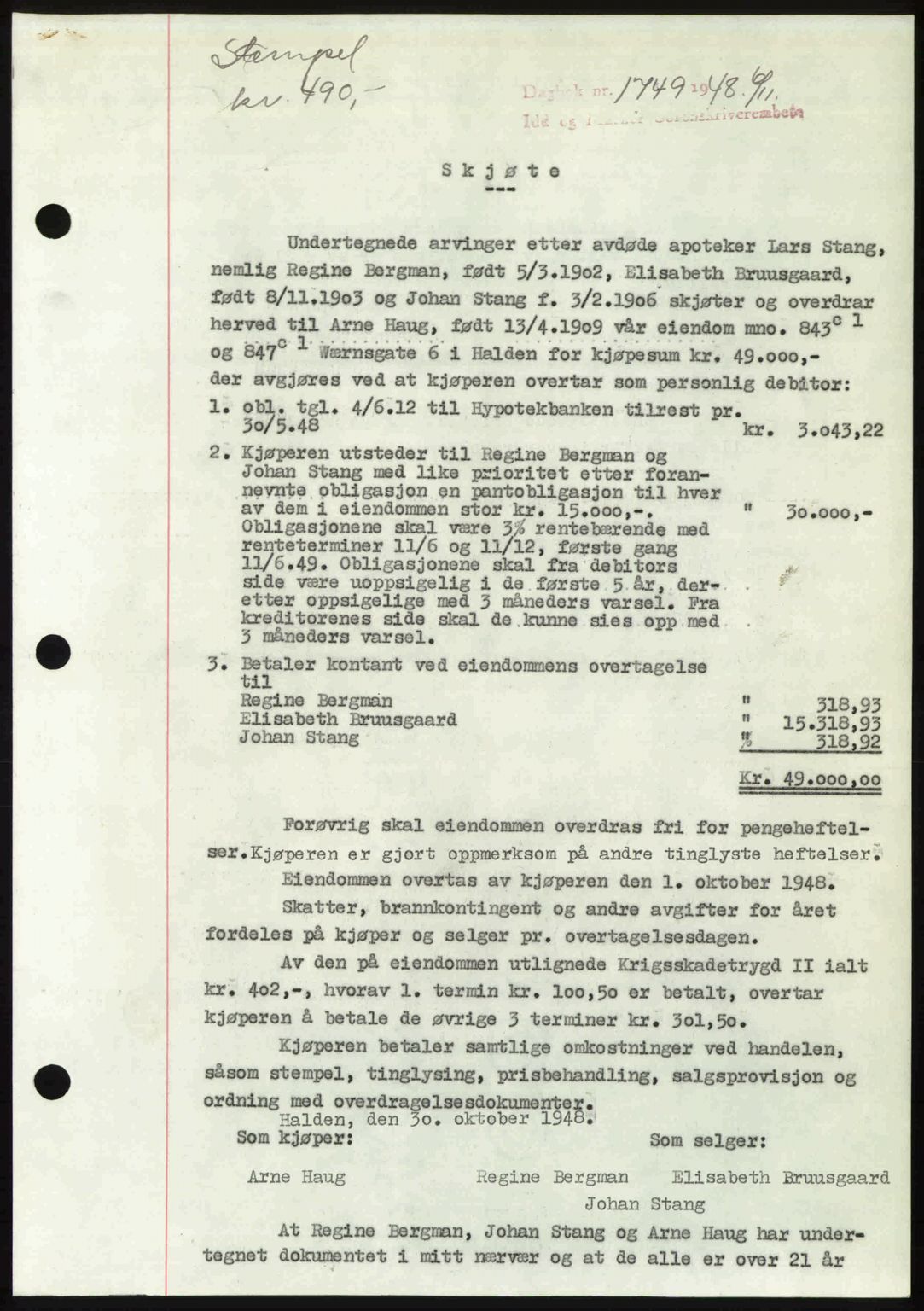 Idd og Marker sorenskriveri, SAO/A-10283/G/Gb/Gbb/L0011: Pantebok nr. A11, 1948-1949, Dagboknr: 1749/1948