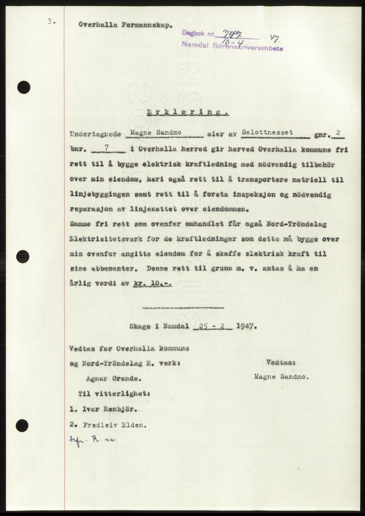 Namdal sorenskriveri, SAT/A-4133/1/2/2C: Pantebok nr. -, 1947-1947, Dagboknr: 747/1947