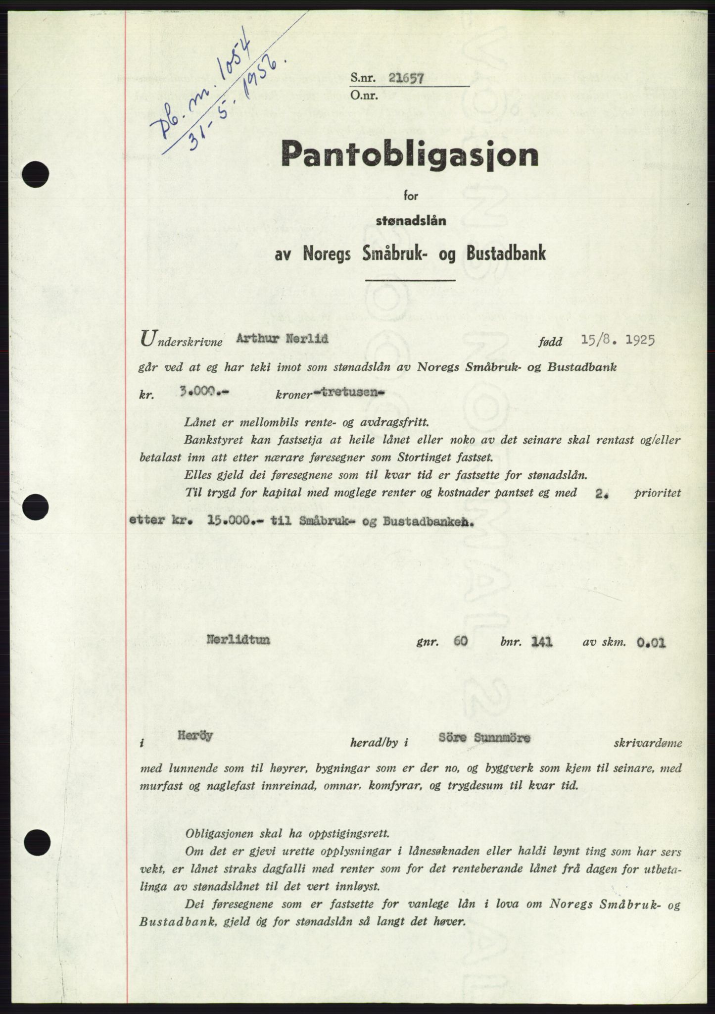 Søre Sunnmøre sorenskriveri, SAT/A-4122/1/2/2C/L0128: Pantebok nr. 16B, 1956-1956, Dagboknr: 1054/1956
