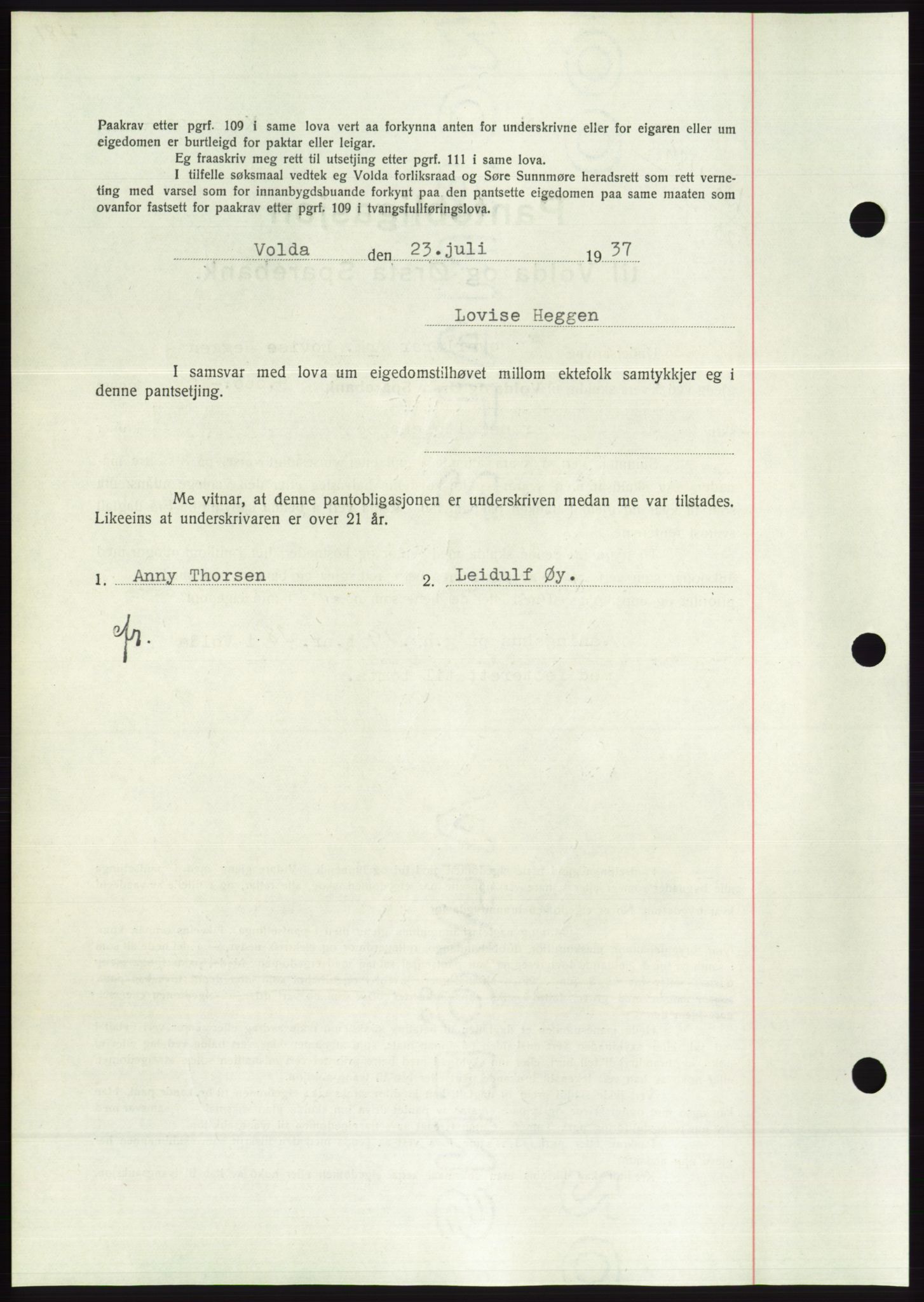 Søre Sunnmøre sorenskriveri, AV/SAT-A-4122/1/2/2C/L0063: Pantebok nr. 57, 1937-1937, Dagboknr: 1189/1937