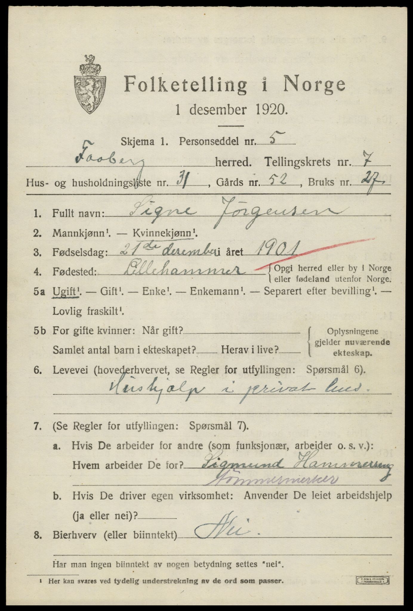 SAH, Folketelling 1920 for 0524 Fåberg herred, 1920, s. 8392