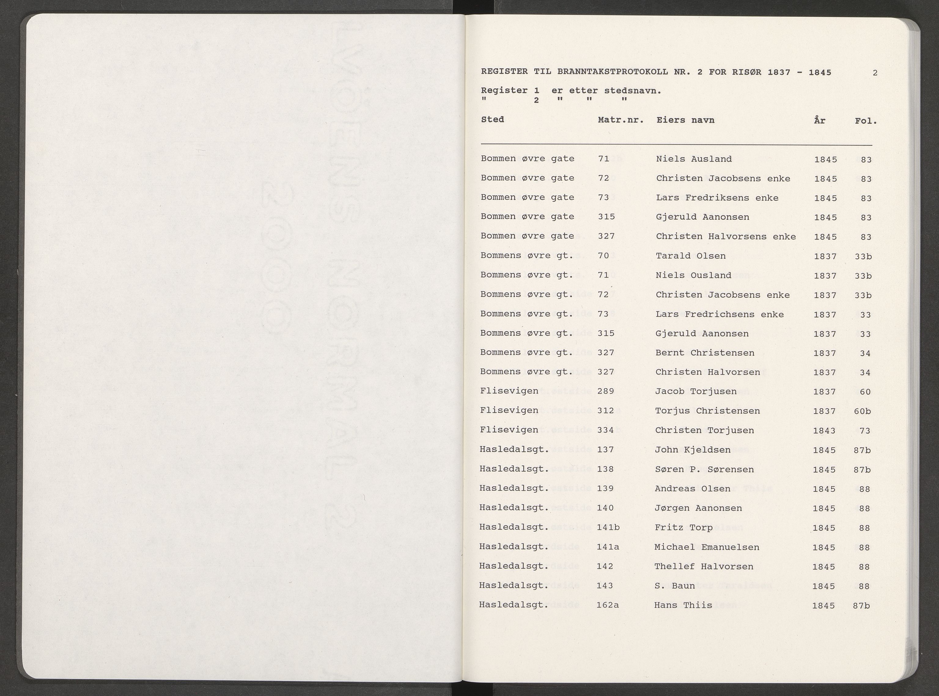 Norges Brannkasse Risør, AV/SAK-2241-0043/F/Fa/L0002: Register til branntakstprotokoll nr. 2 for Risør, 1837-1847