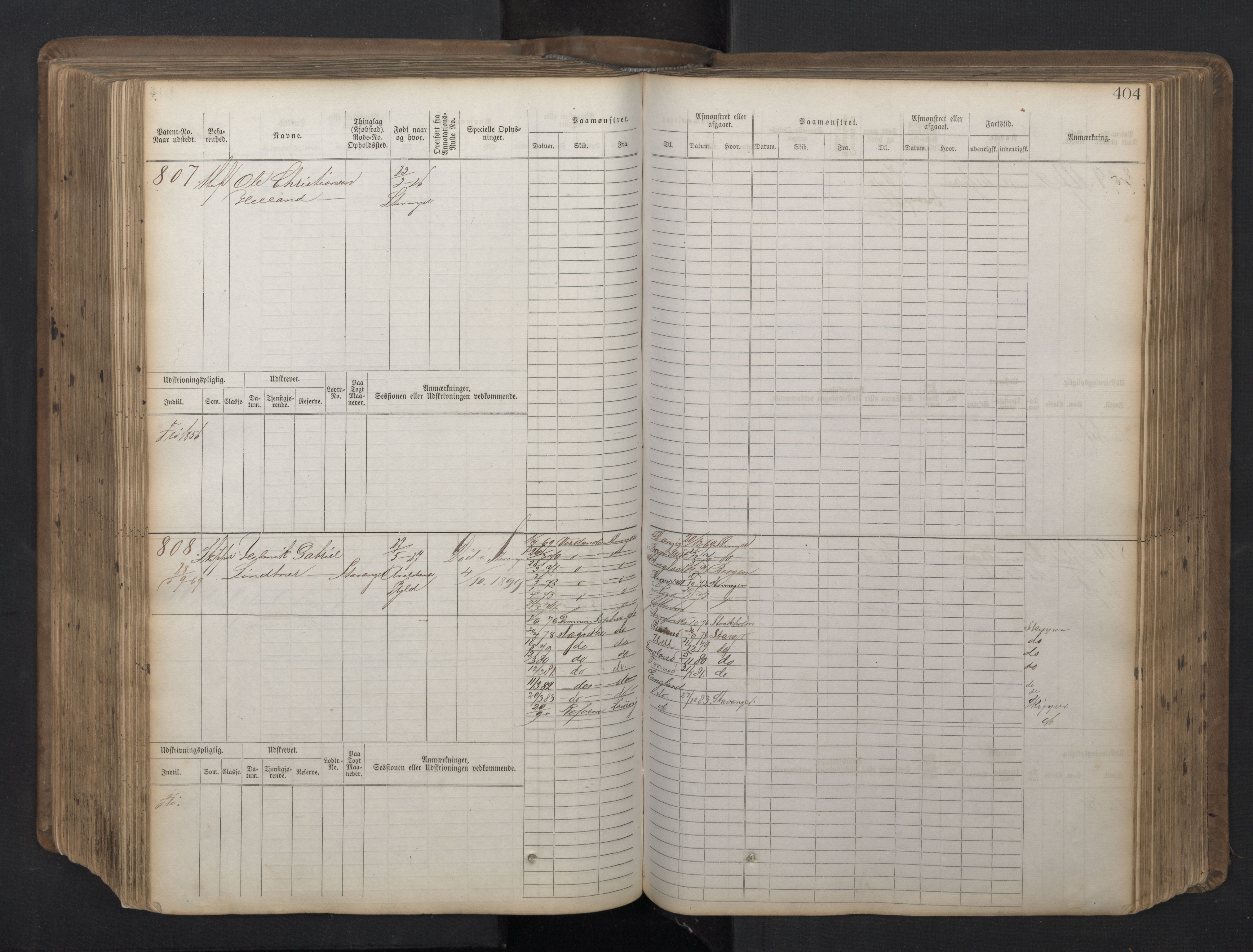 Stavanger sjømannskontor, AV/SAST-A-102006/F/Fb/Fbb/L0016: Sjøfartshovedrulle patnentnr. 1-1202 (dublett), 1869, s. 404