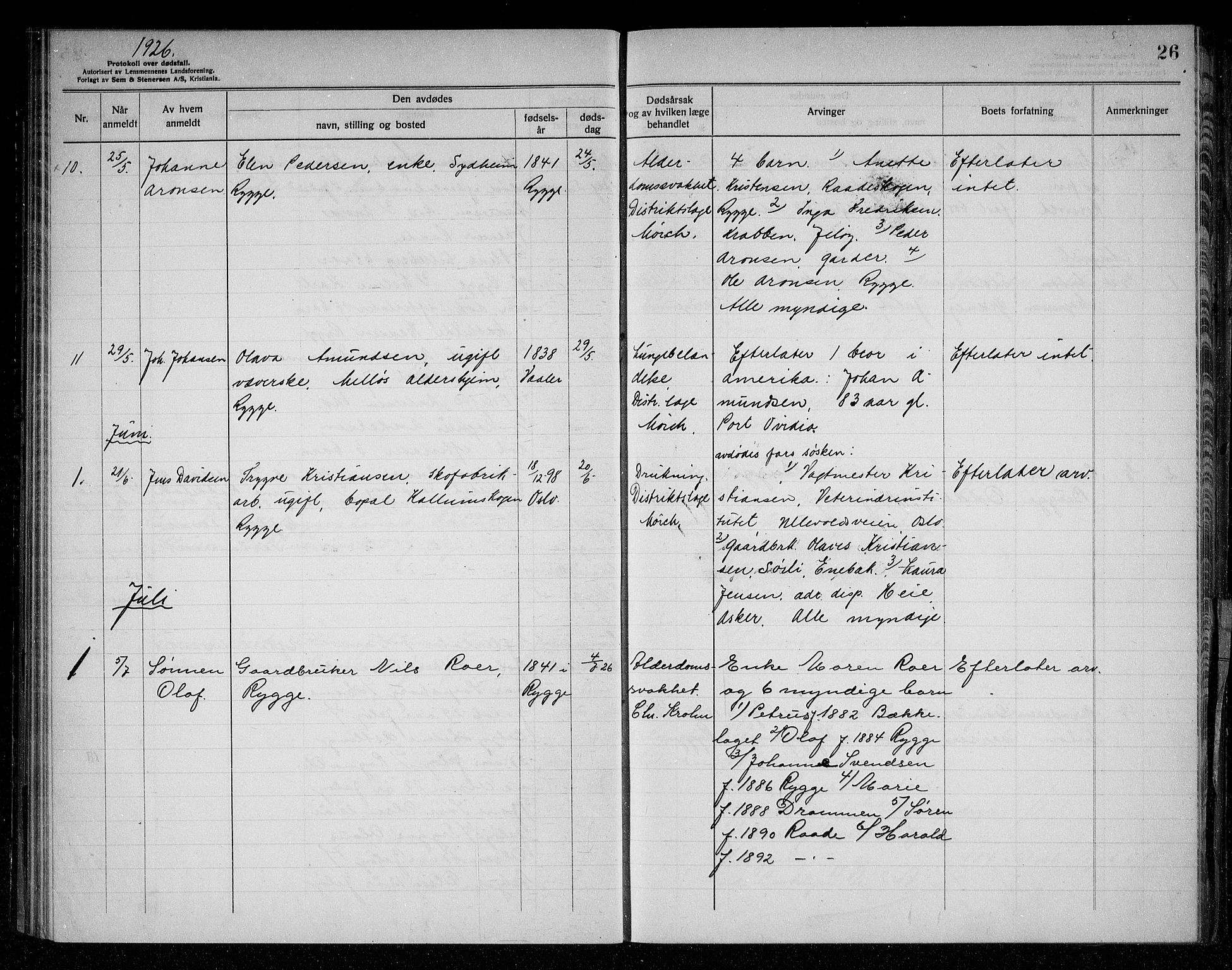 Rygge lensmannskontor, AV/SAO-A-10005/H/Ha/Haa/L0008: Dødsfallsprotokoll, 1925-1929, s. 26