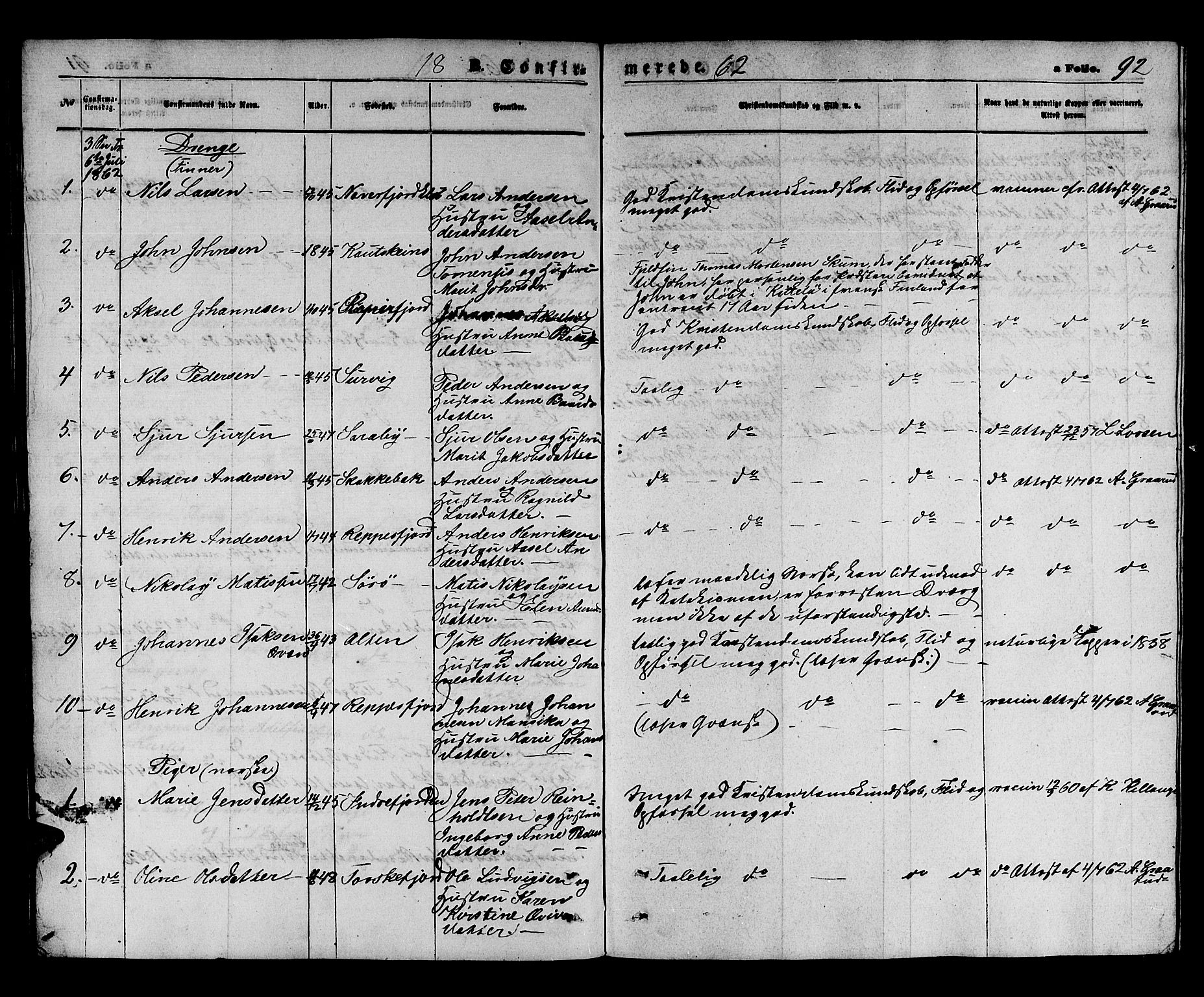 Hammerfest sokneprestkontor, AV/SATØ-S-1347/H/Hb/L0003.klokk: Klokkerbok nr. 3 /1, 1862-1868, s. 92