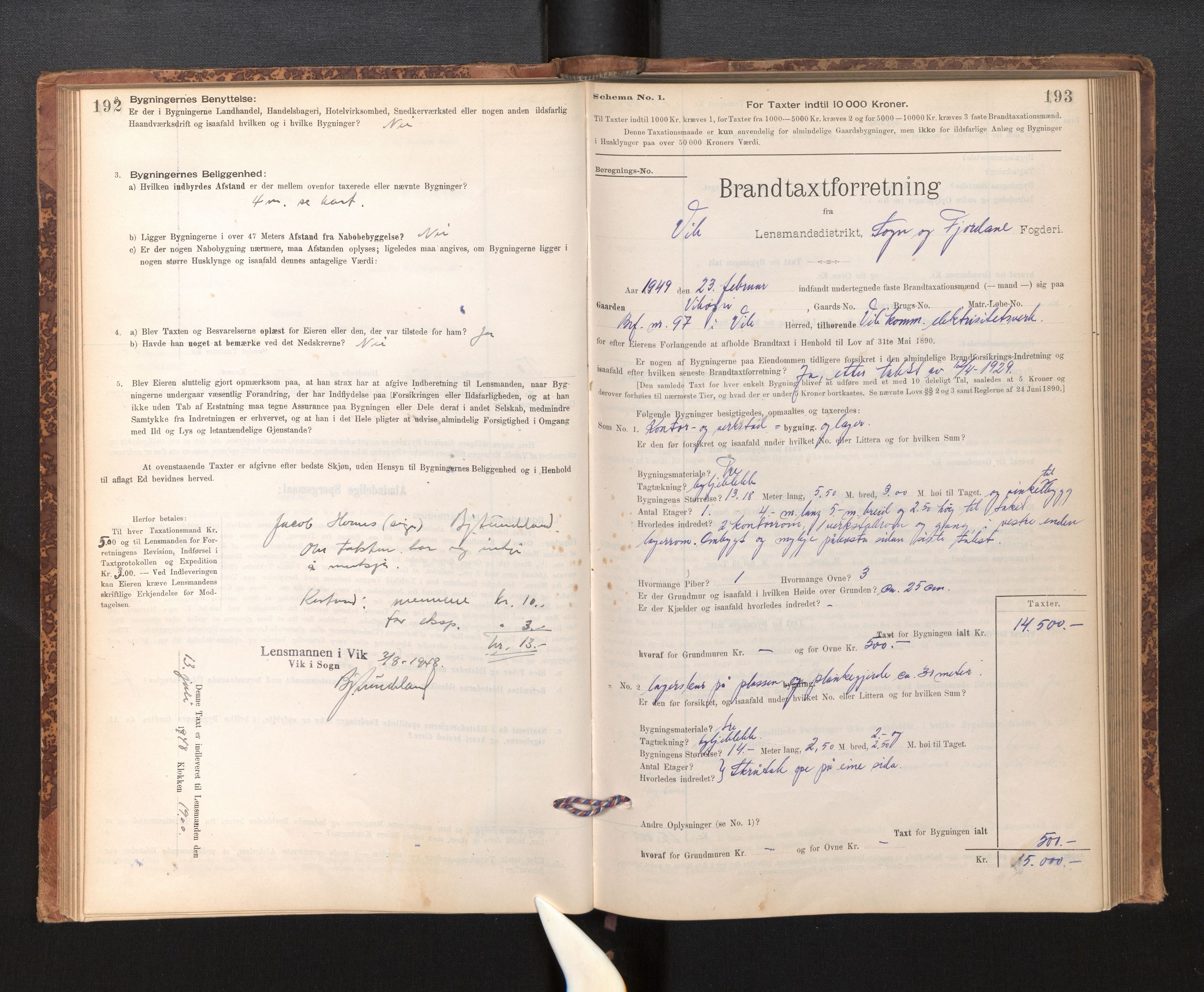 Lensmannen i Vik, SAB/A-30301/0012/L0006: Branntakstprotokoll, skjematakst, 1896-1949, s. 192-193