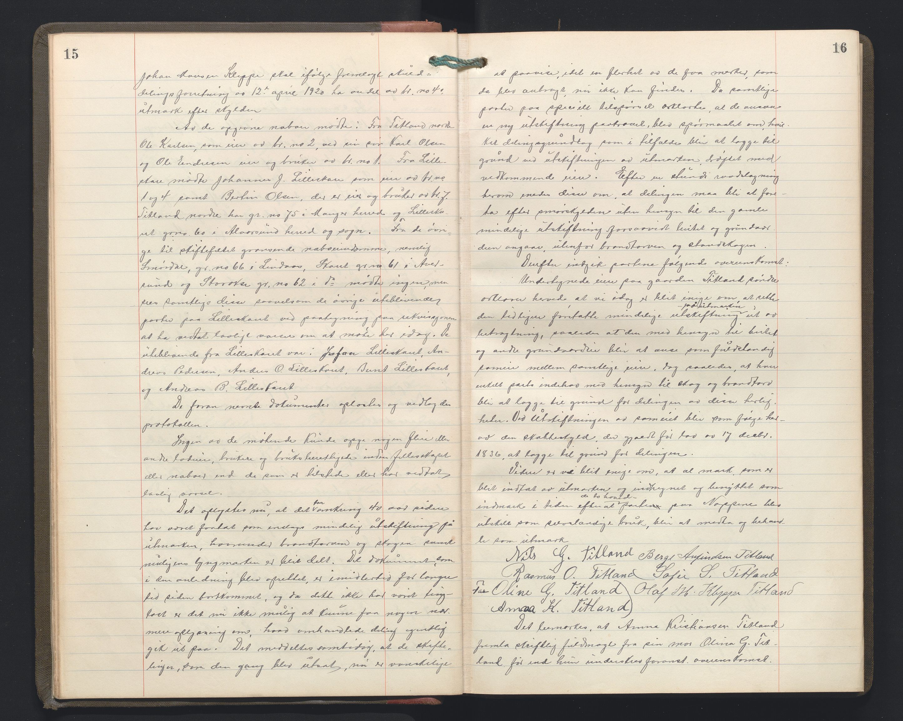 Hordaland jordskiftedøme - II Ytre Nordhordland jordskiftedistrikt, AV/SAB-A-6901/A/Aa/L0034: Forhandlingsprotokoll, 1923-1925, s. 15-16