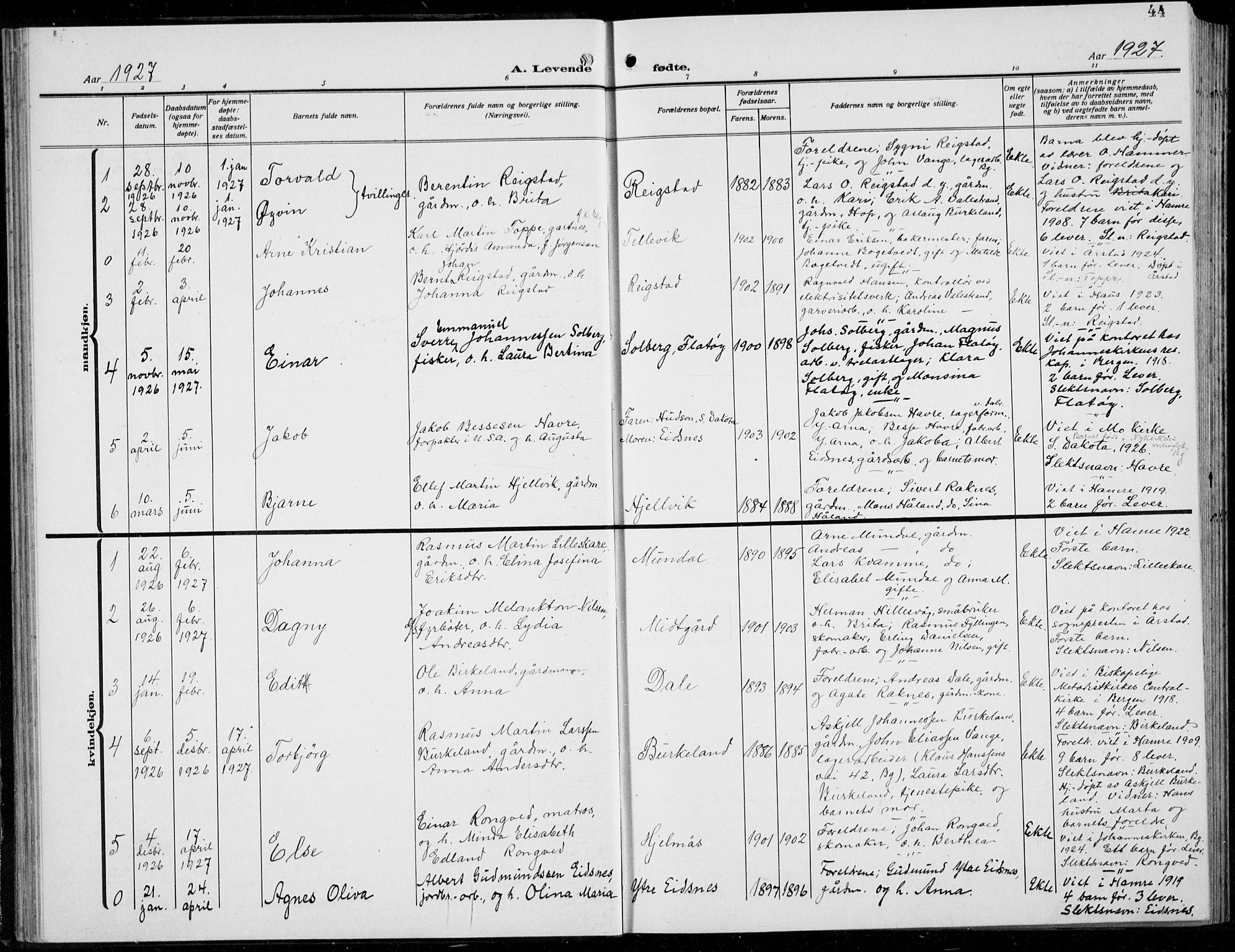 Hamre sokneprestembete, AV/SAB-A-75501/H/Ha/Hab: Klokkerbok nr. B 5, 1920-1940, s. 44