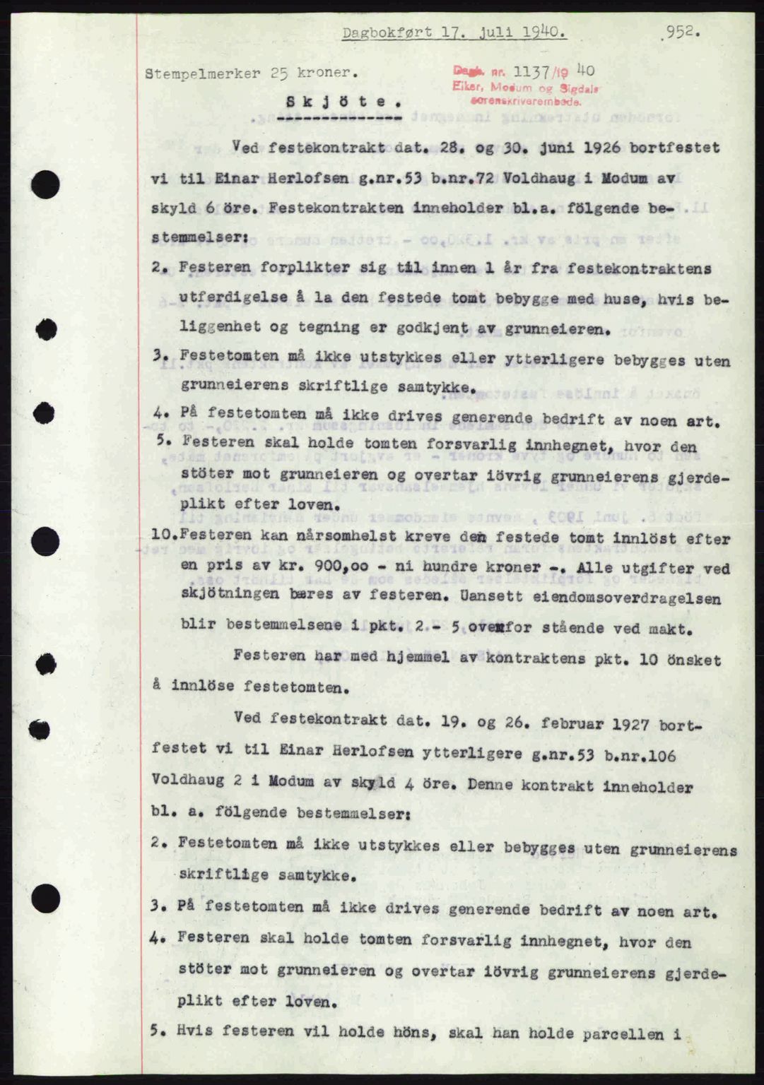 Eiker, Modum og Sigdal sorenskriveri, SAKO/A-123/G/Ga/Gab/L0041: Pantebok nr. A11, 1939-1940, Dagboknr: 1137/1940