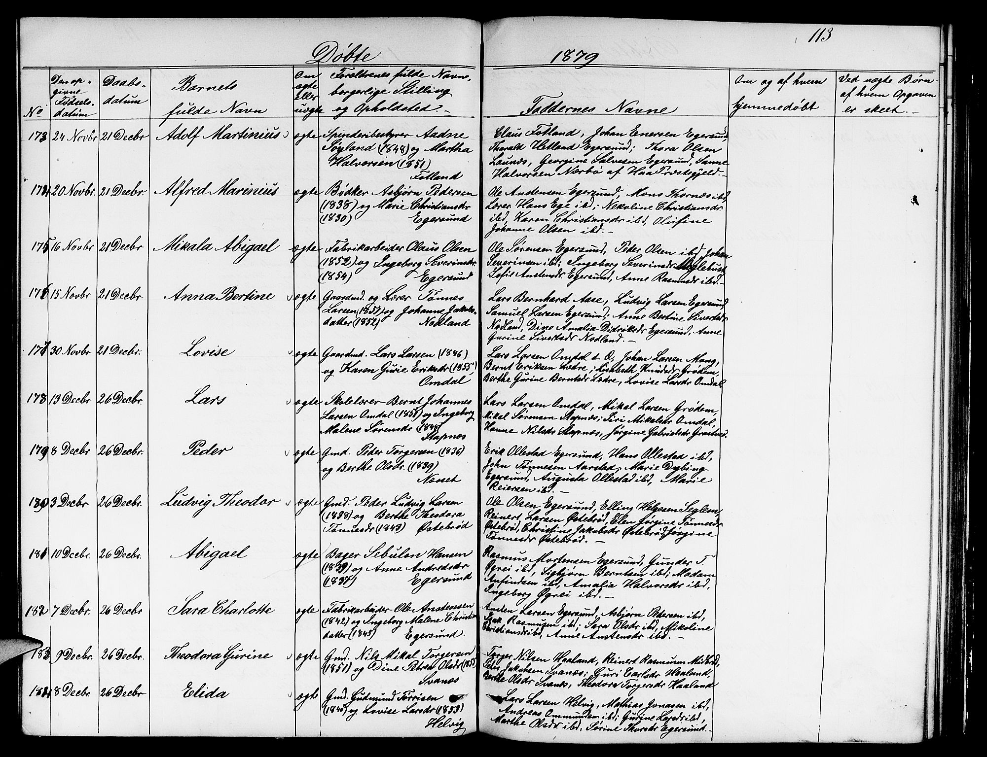 Eigersund sokneprestkontor, AV/SAST-A-101807/S09/L0005: Klokkerbok nr. B 5, 1872-1881, s. 113