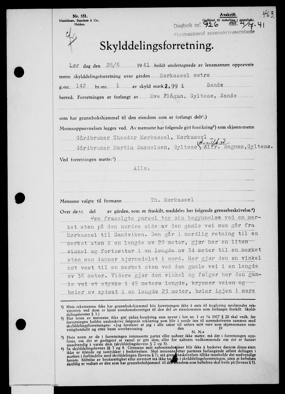 Holmestrand sorenskriveri, SAKO/A-67/G/Ga/Gaa/L0053: Pantebok nr. A-53, 1941-1941, Dagboknr: 926/1941