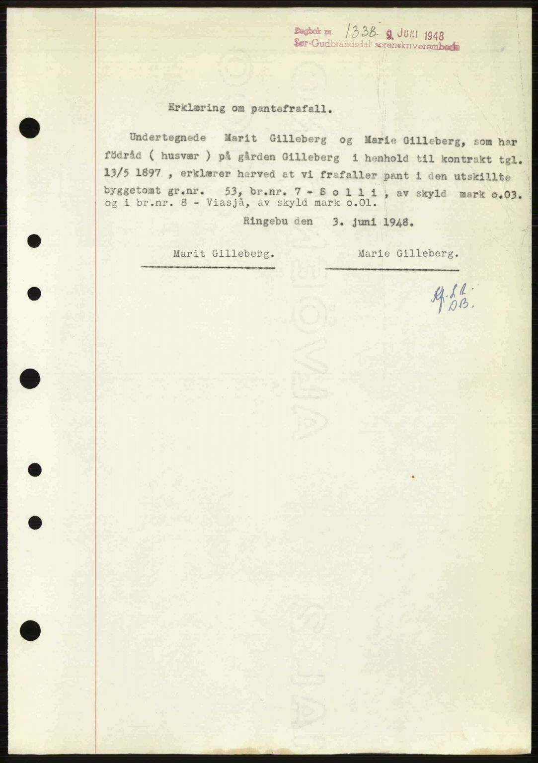 Sør-Gudbrandsdal tingrett, SAH/TING-004/H/Hb/Hbe/L0003: Pantebok nr. B3, 1943-1948, Dagboknr: 1338/1948