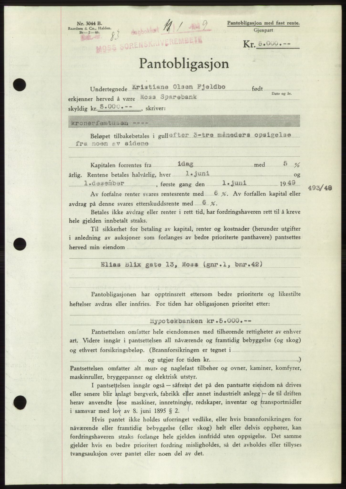 Moss sorenskriveri, SAO/A-10168: Pantebok nr. B21, 1949-1949, Dagboknr: 83/1949