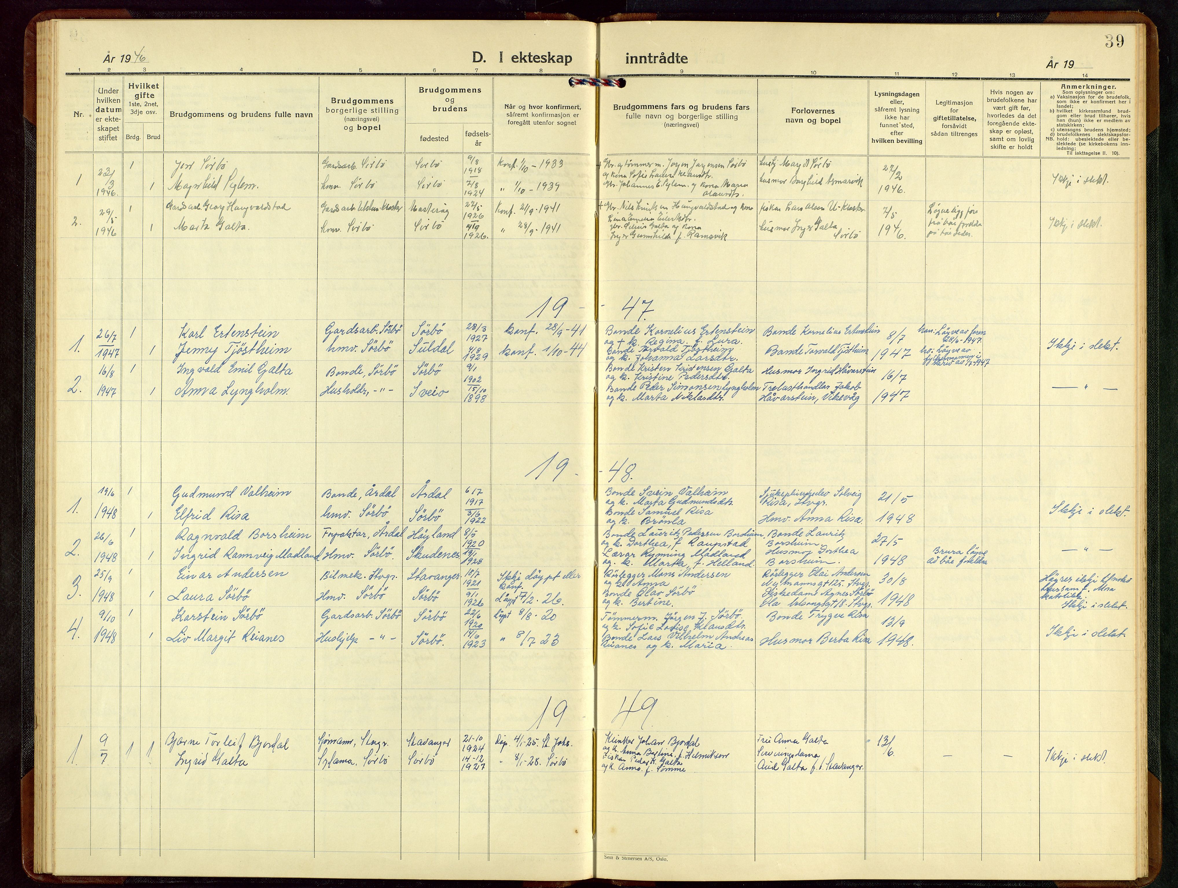 Rennesøy sokneprestkontor, SAST/A -101827/H/Ha/Hab/L0015: Klokkerbok nr. B 14, 1924-1957, s. 39