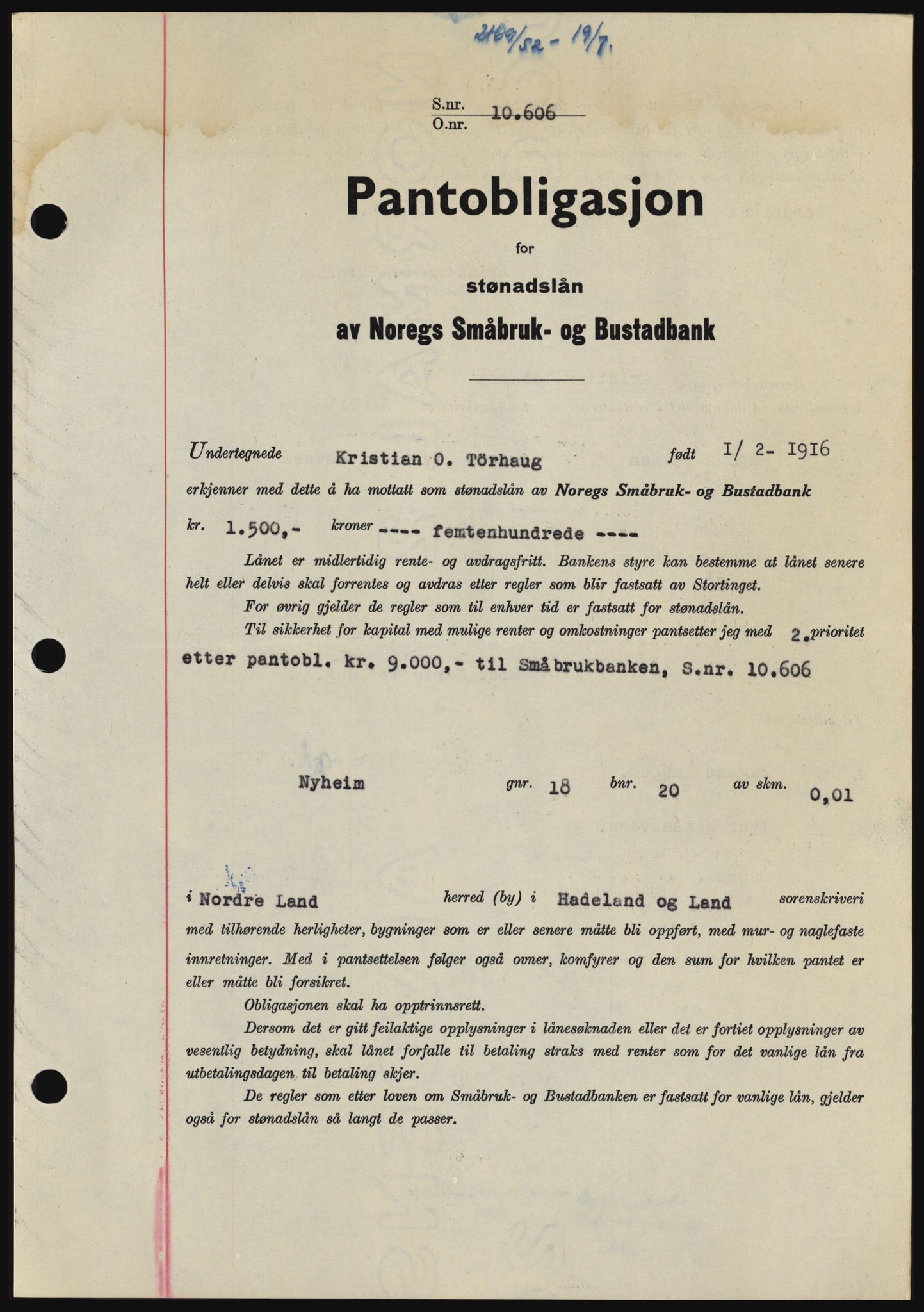 Hadeland og Land tingrett, SAH/TING-010/H/Hb/Hbc/L0024: Pantebok nr. B24, 1952-1952, Dagboknr: 2169/1952