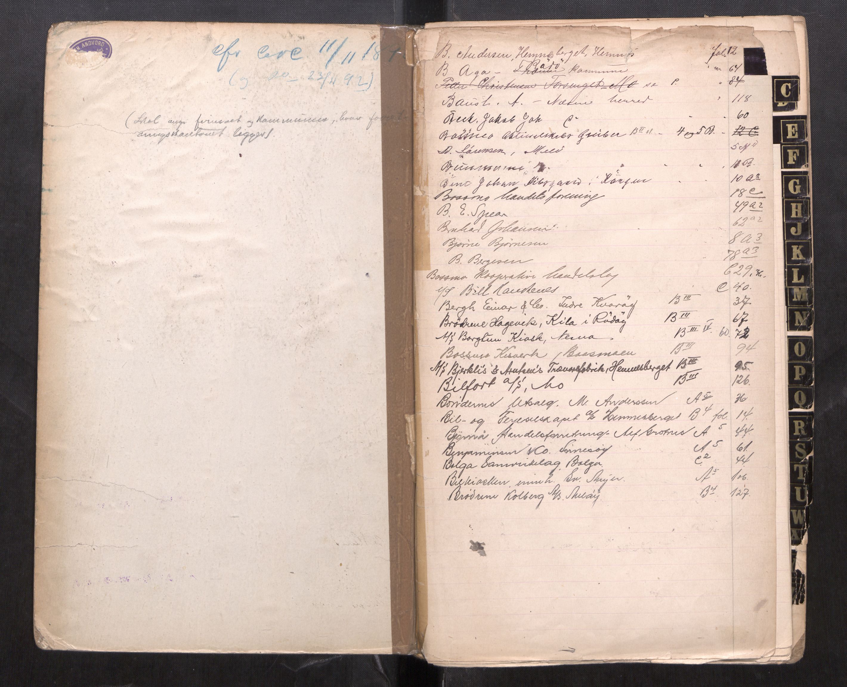 Rana sorenskriveri , SAT/A-1108/2/J/Ja/Jac/L0001: Alfabetisk register på firmanavn, 1891-1943, s. 2