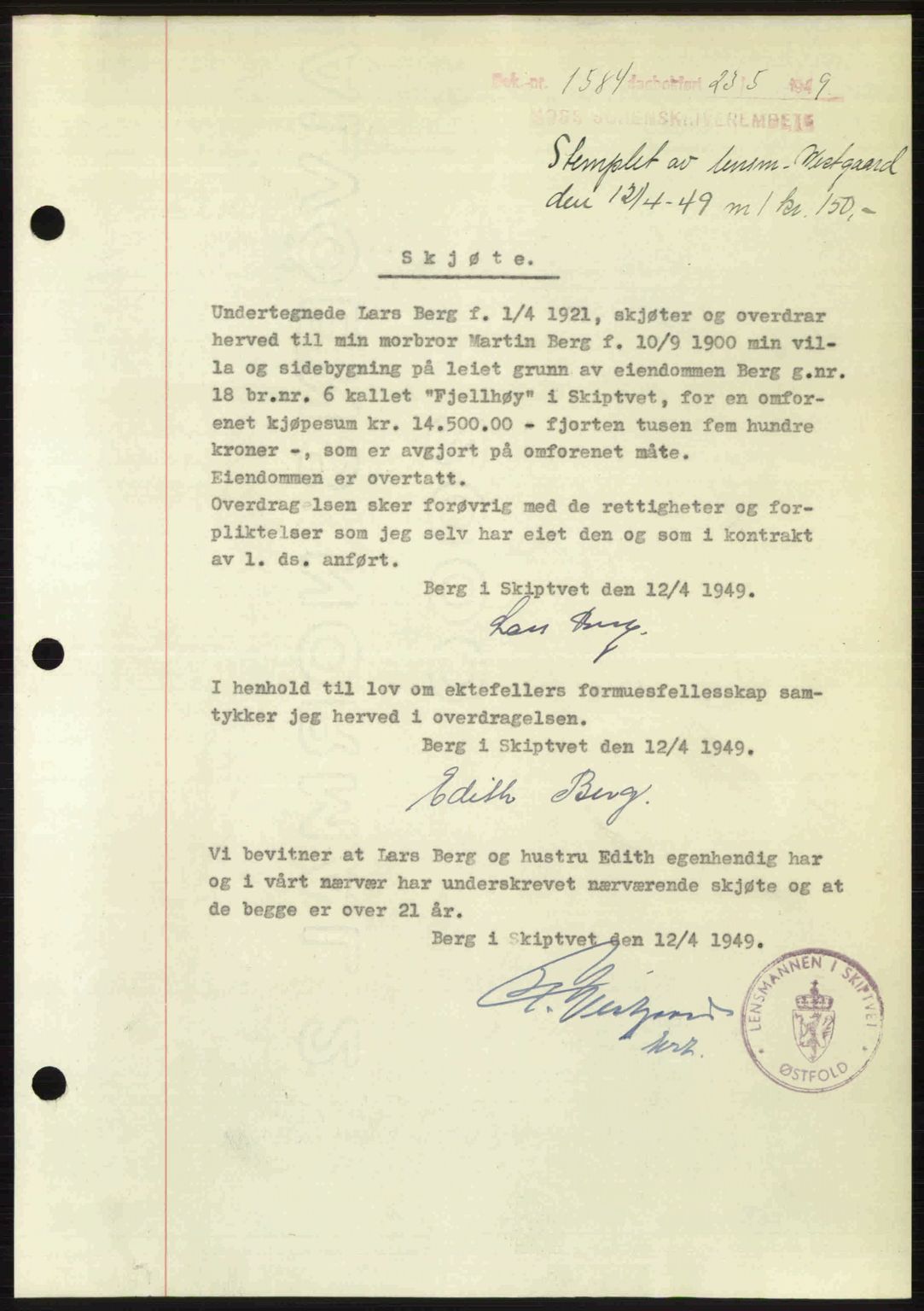 Moss sorenskriveri, SAO/A-10168: Pantebok nr. A2, 1947-1950, Dagboknr: 1584/1949